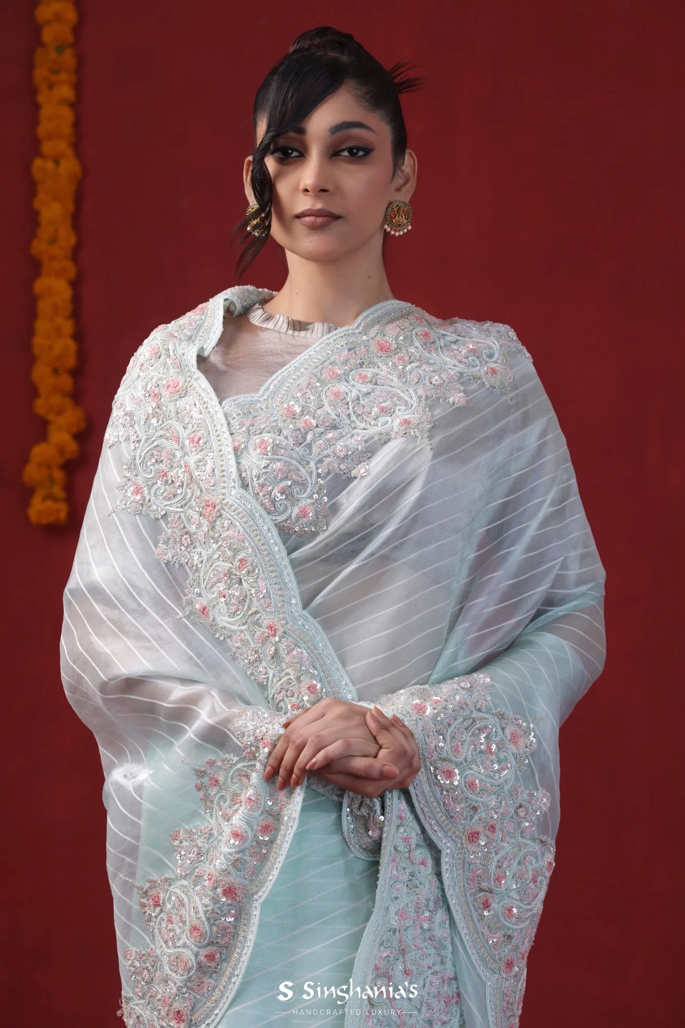 Pastel Columbia Blue Organza Saree With Hand Embroidery