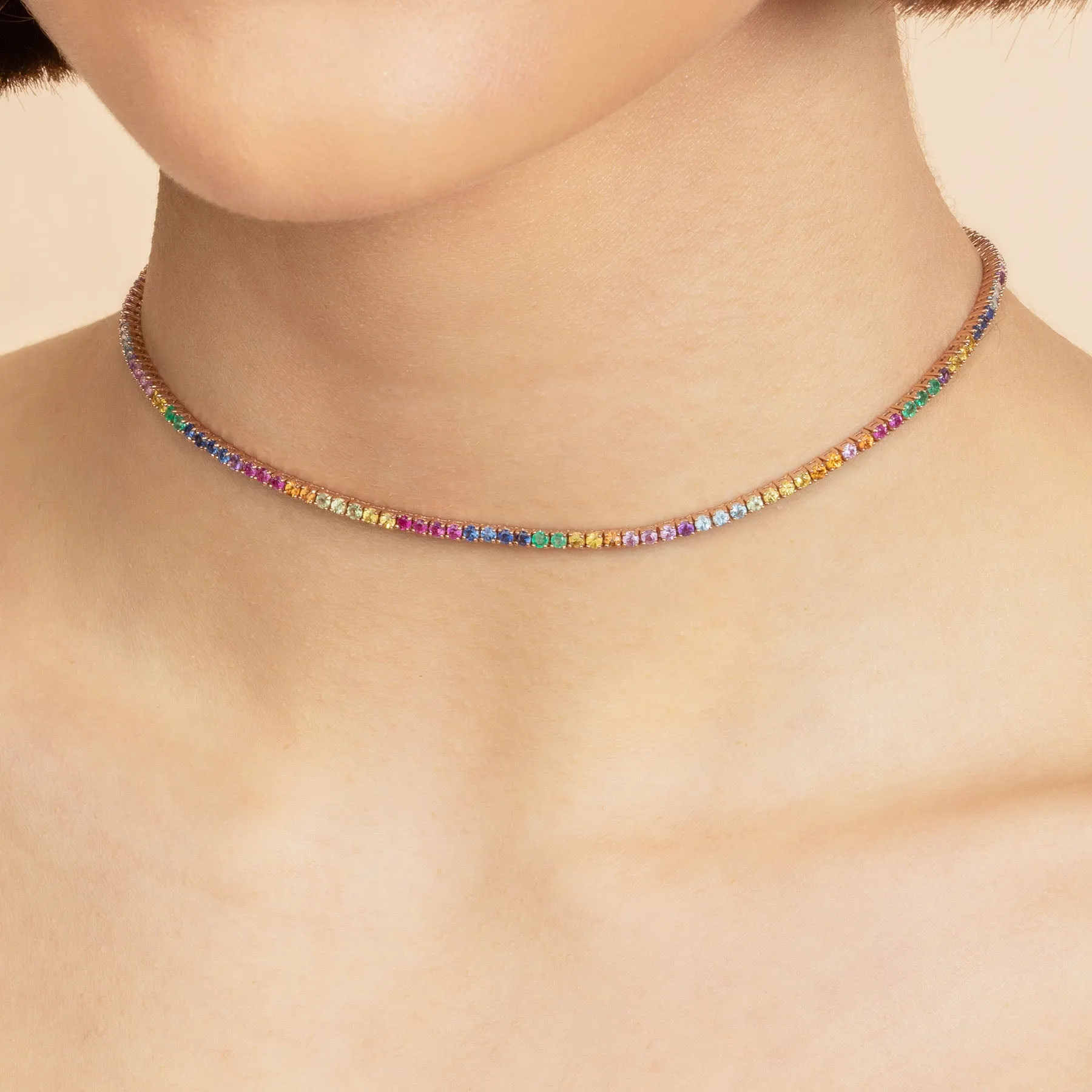 Perfect Collar Tennis Necklace - Rainbow / 14k Rose Gold