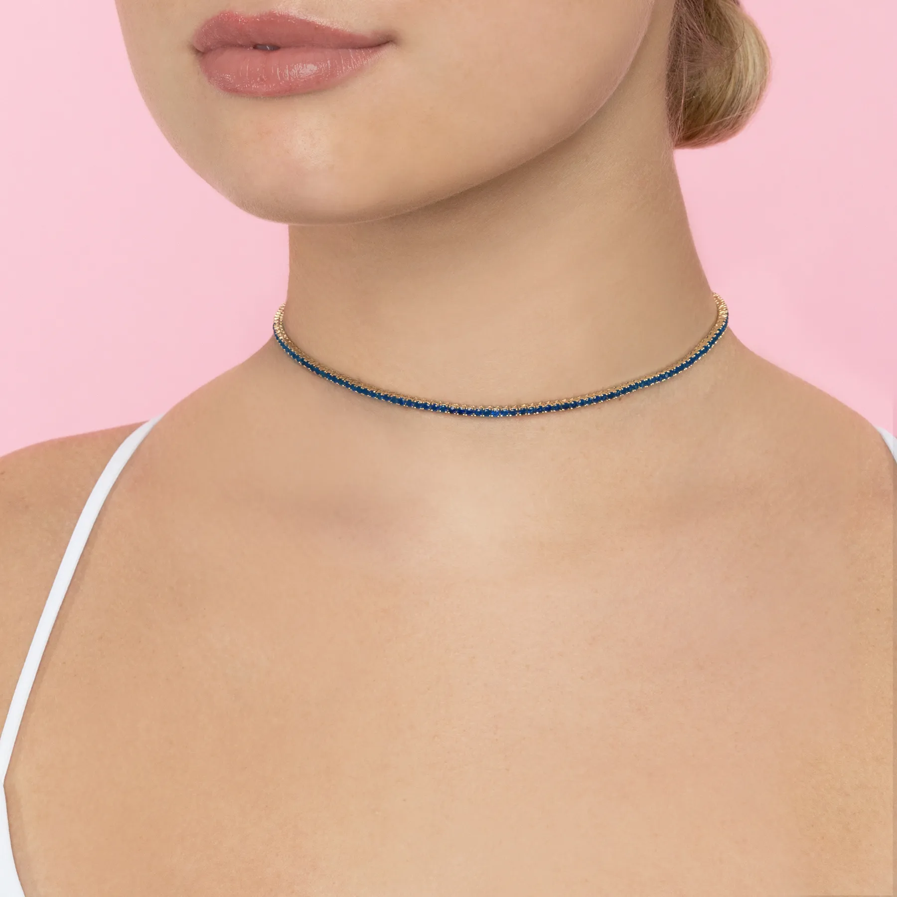 Perfect Personalized Collar Tennis Necklace - Blue Sapphire / 14k Yellow Gold