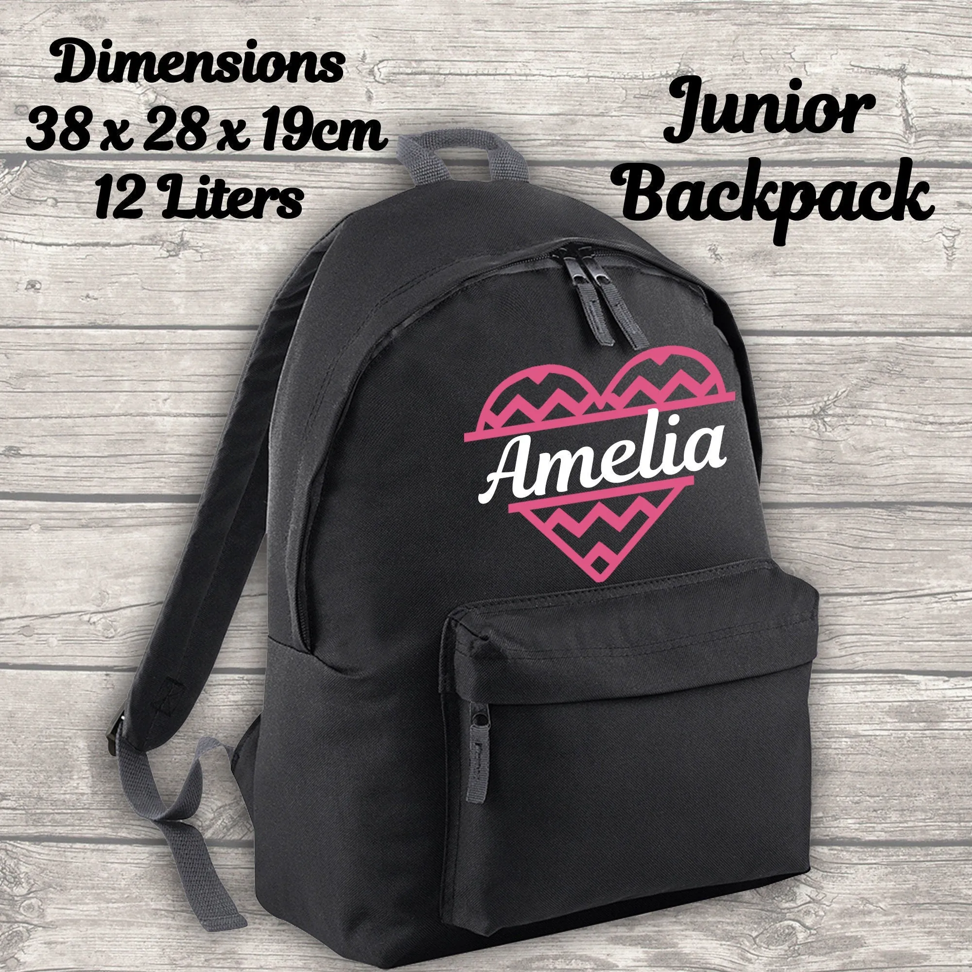 Personalised 12 Litre Backpack - Water Bottle - Lunch Bag - Pencil Case - Back To School -  Heart with Name