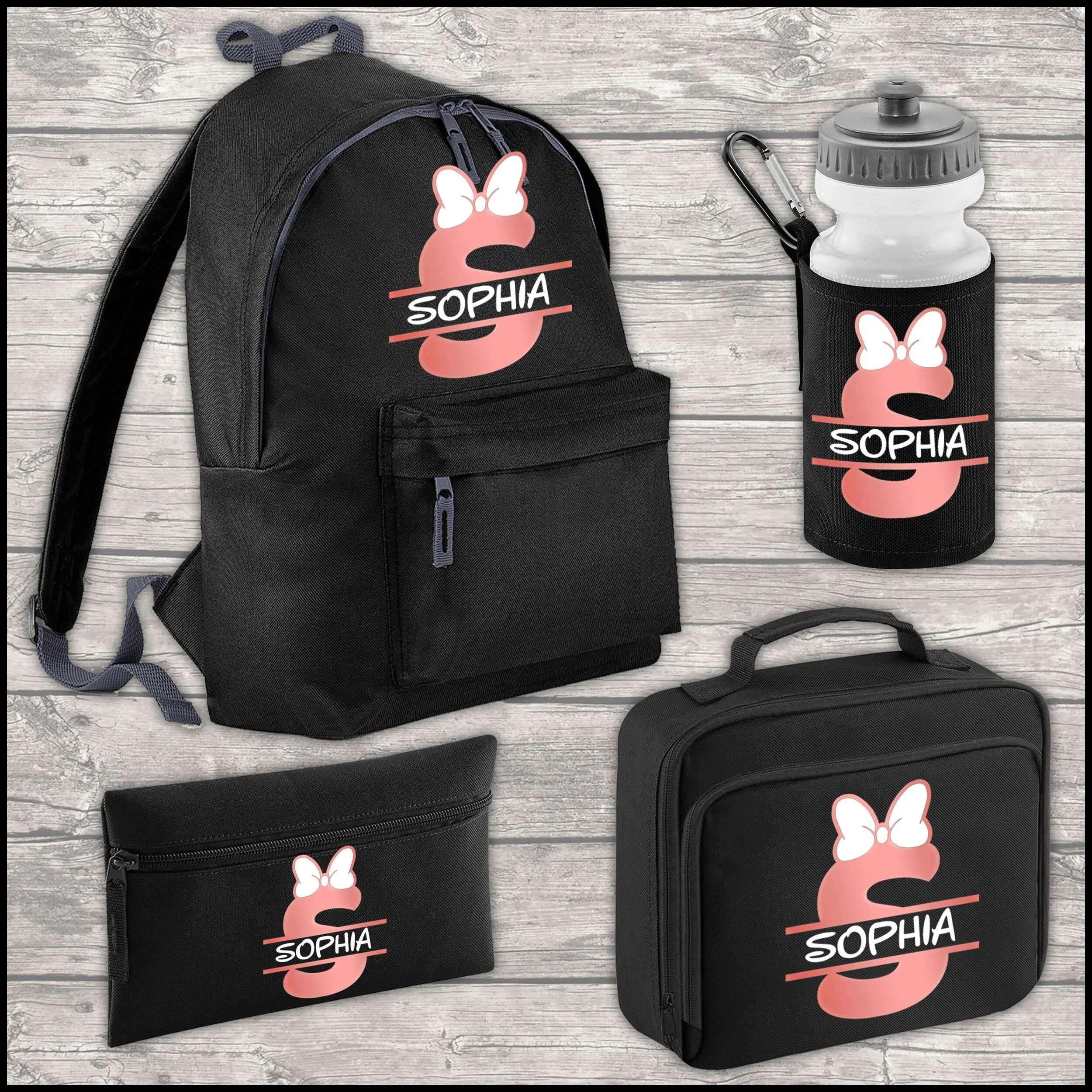 Personalised 12 Litre Backpack - Water Bottle - Lunch Bag - Pencil Case - Back To School - Name, Initial Bow in Rose Gold Print