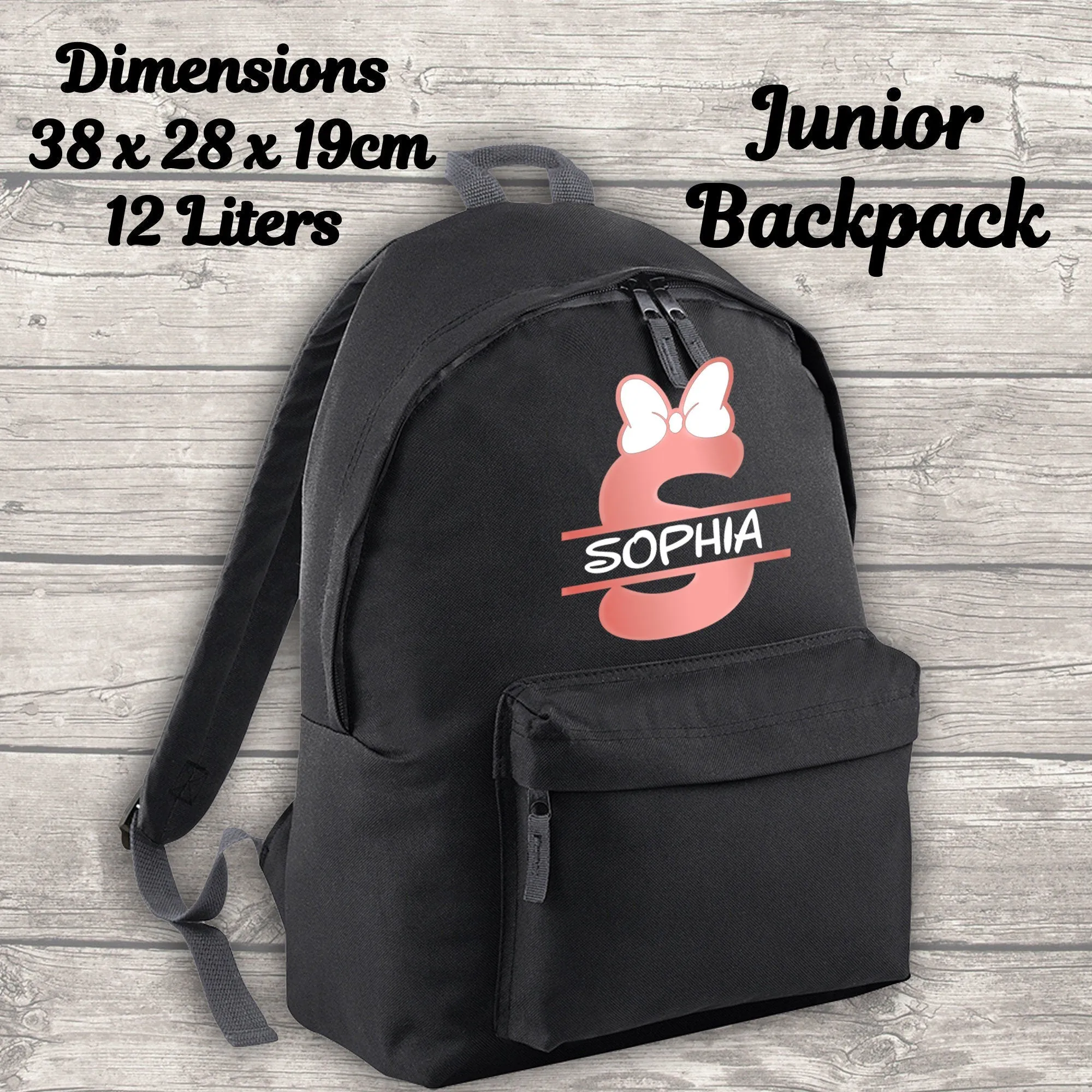 Personalised 12 Litre Backpack - Water Bottle - Lunch Bag - Pencil Case - Back To School - Name, Initial Bow in Rose Gold Print
