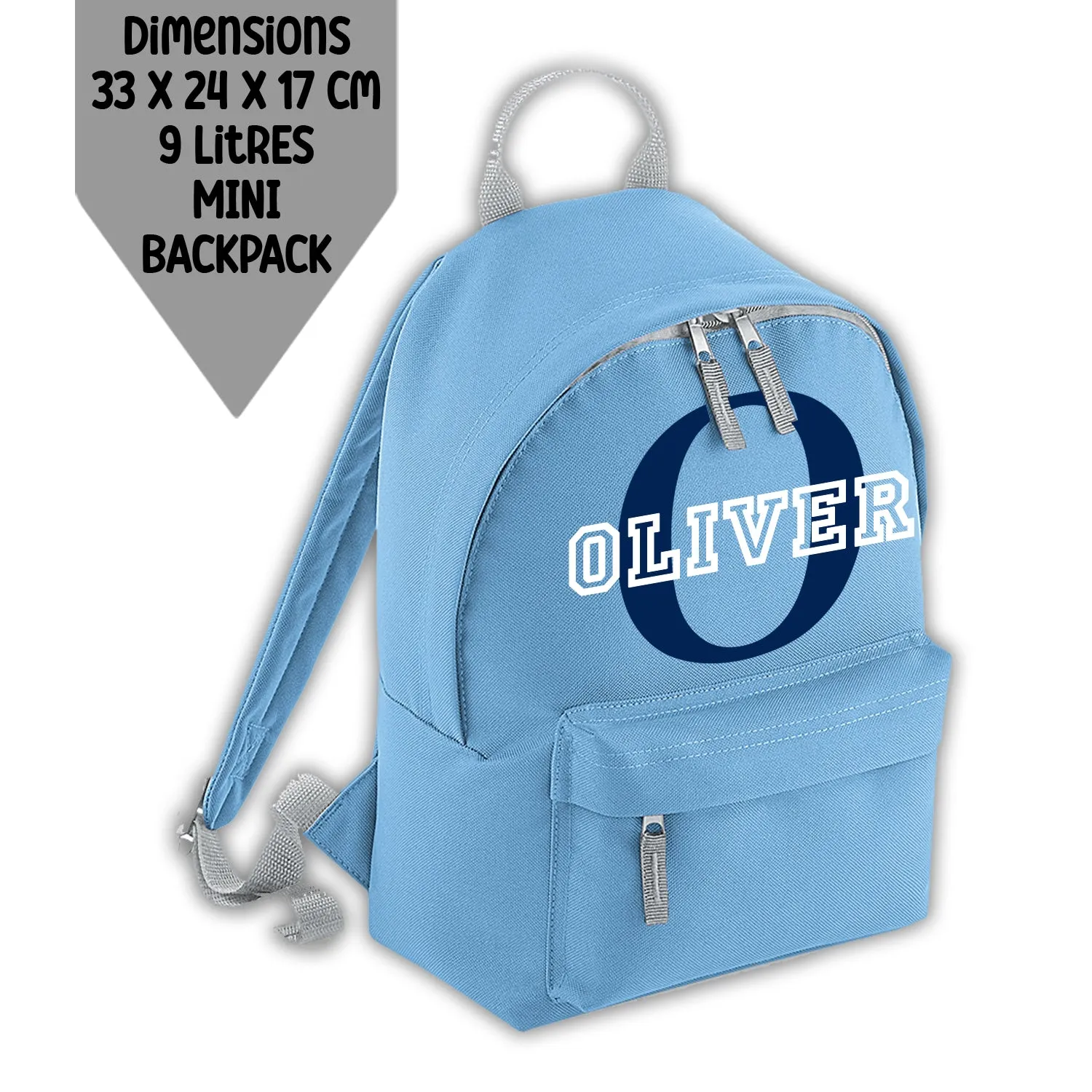 Personalised Backpack Kids 18 or 9 Litre Initial and Name Lunch Bag Water Bottle Pencil Case School PE Bag Back To School Sky Bl