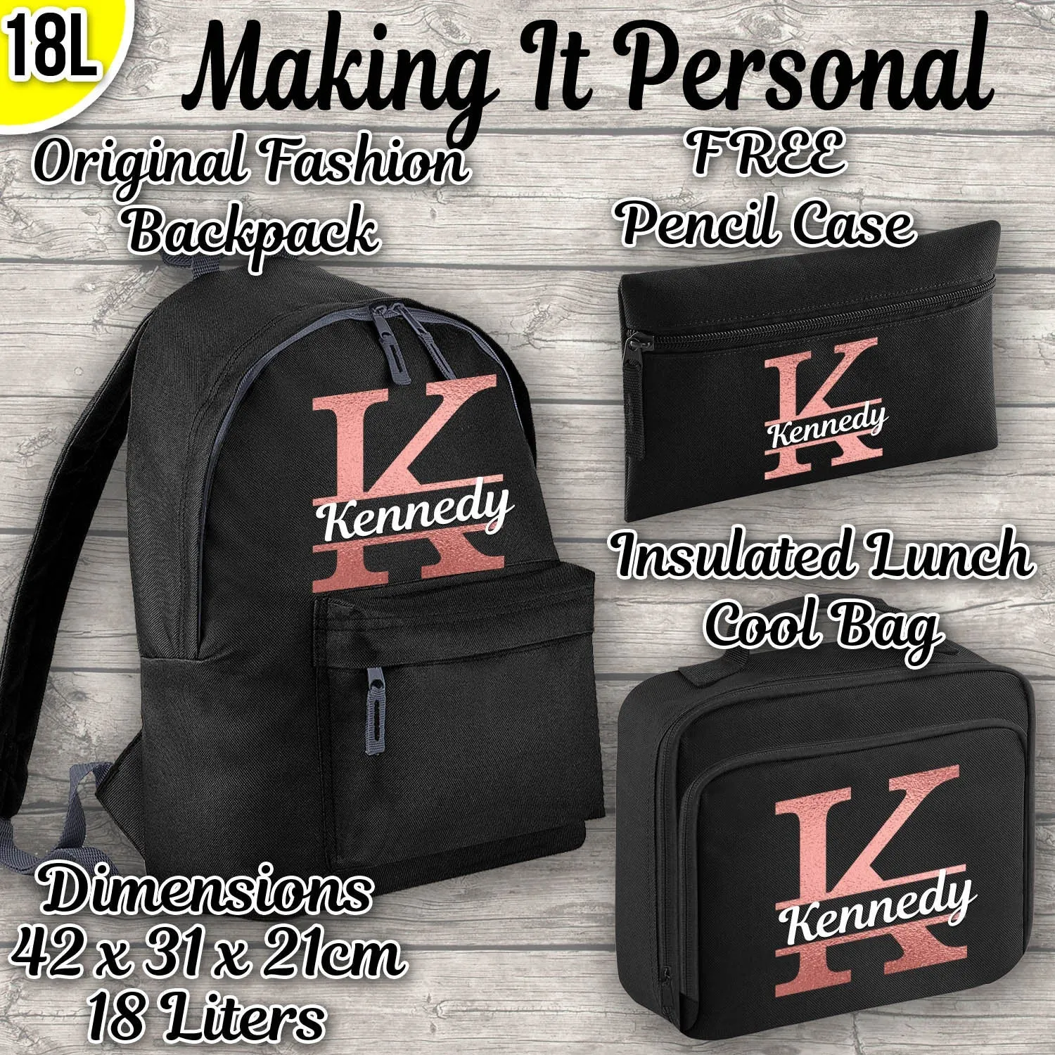Personalised Initial and Name 18L Backpack Kids Lunch Bag Water Bottle and FREE Pencil Case ADD Your NAME Back To School Black