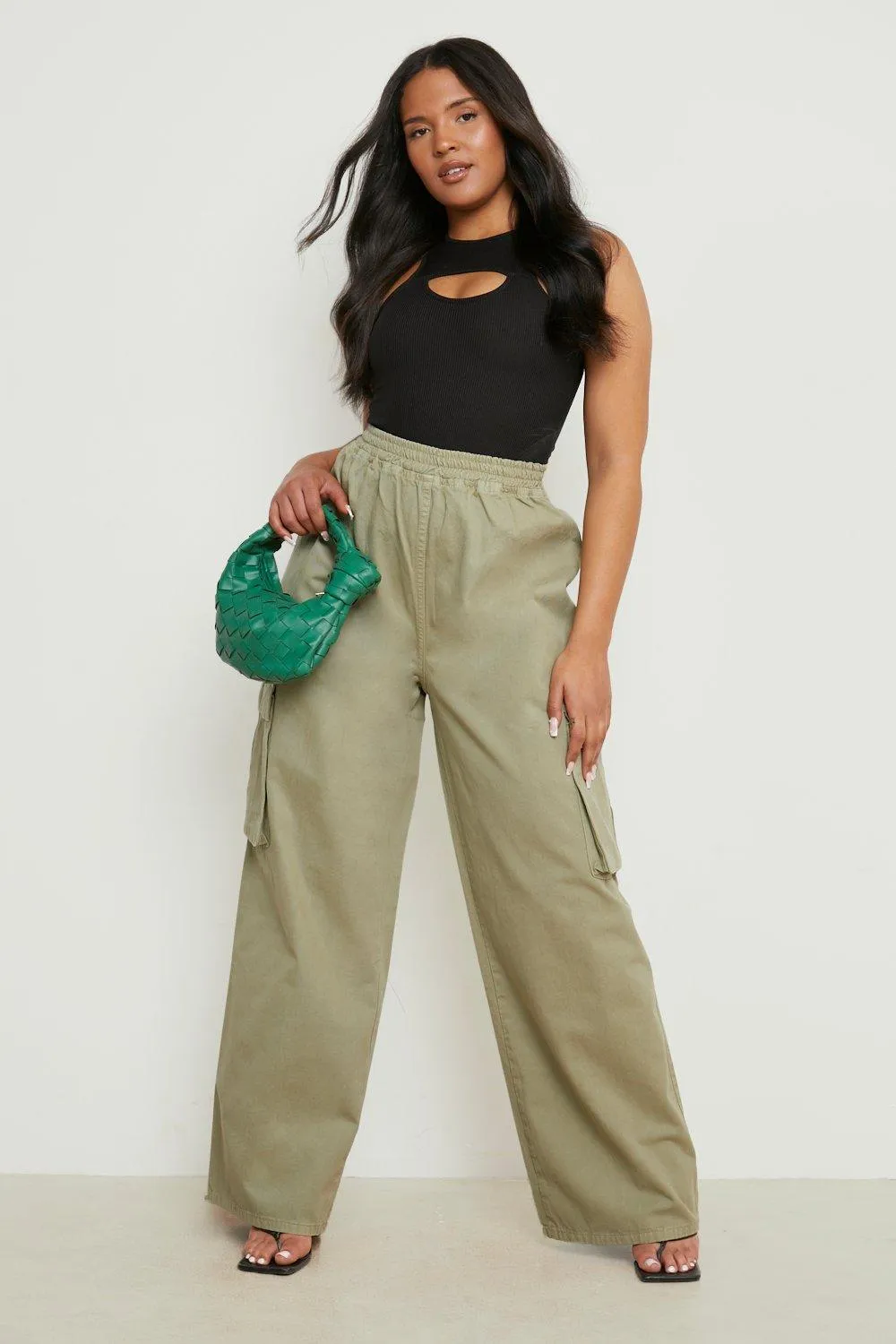 Plus Elasticated Waist Cargo Wide Leg Pants