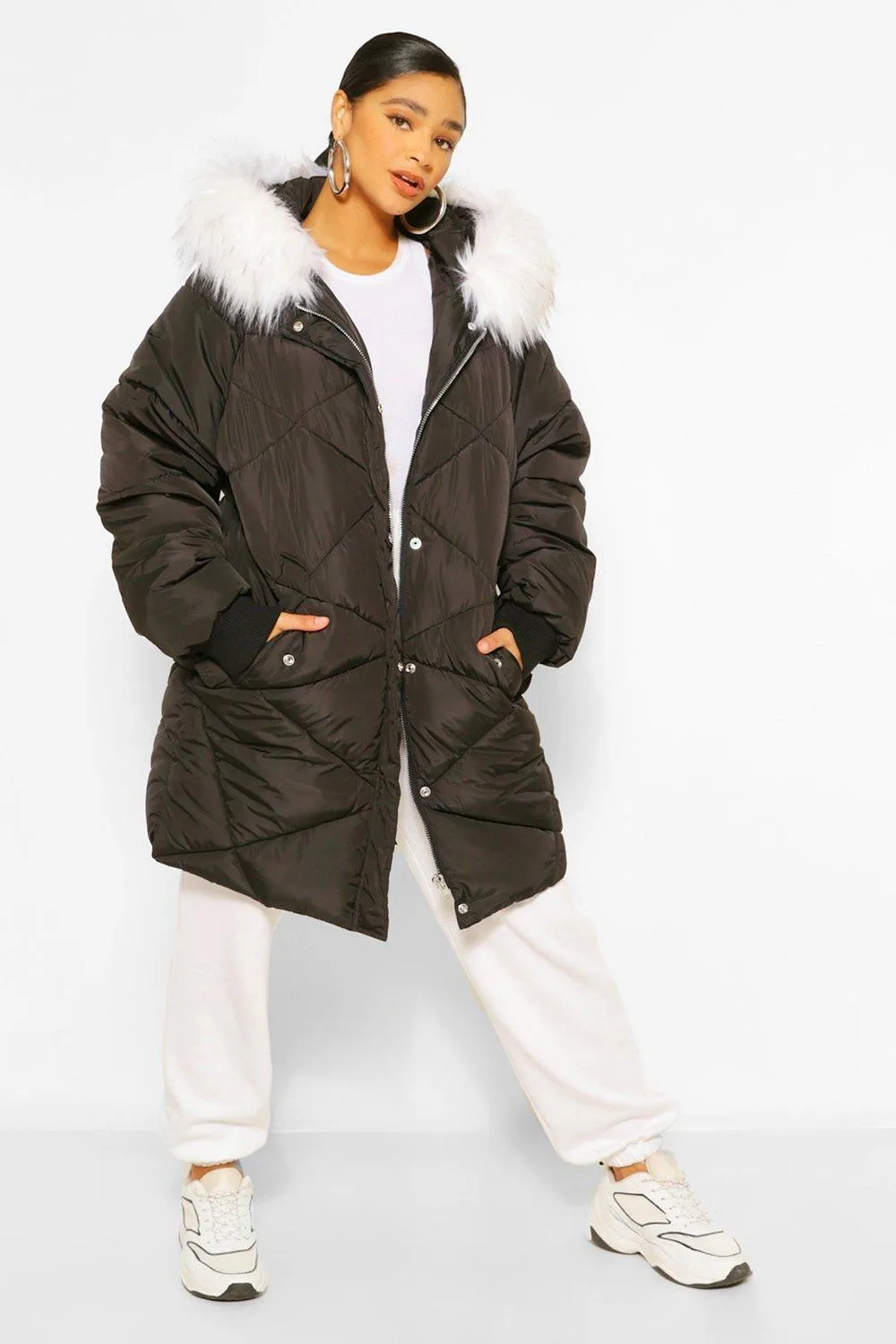 Plus Faux Fur Hooded Mid Length Puffer Jacket