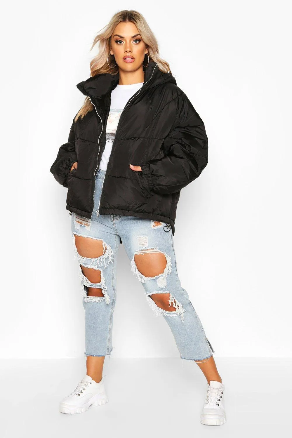 Plus Hooded Funnel Neck Puffer Jacket