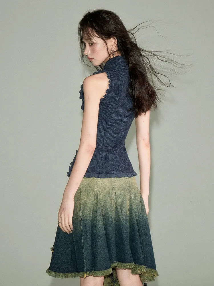 Polo Collar Knitted Sleeveless Top ＆ Shawl Cardigan Set-up