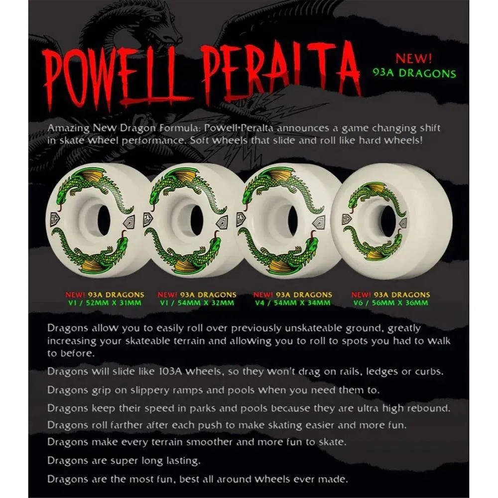 Powell Dragon Formula 93A Skateboard Wheels Green Dragons V6 56mm x 36mm
