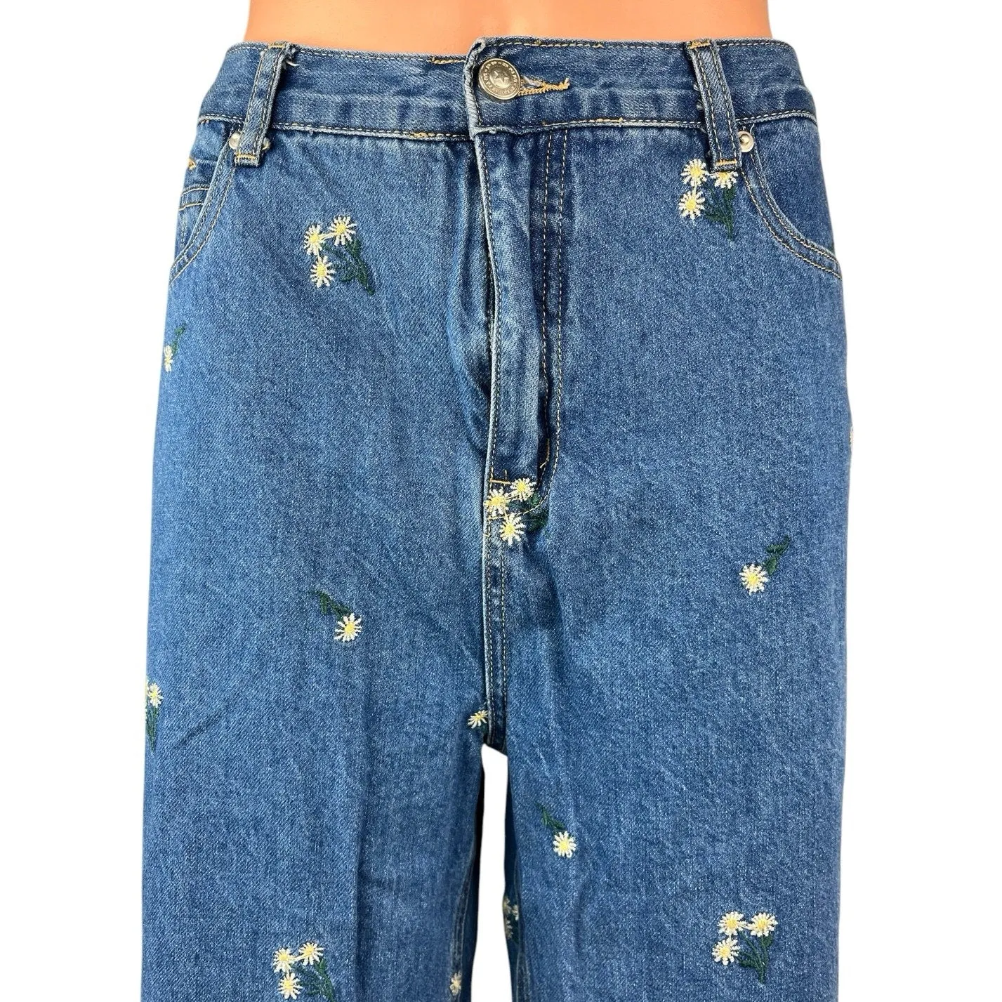Princess Polly Blue Flower Embroidered Wide Leg High Waist Crop Denim Jeans 12