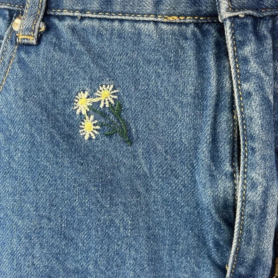 Princess Polly Blue Flower Embroidered Wide Leg High Waist Crop Denim Jeans 12