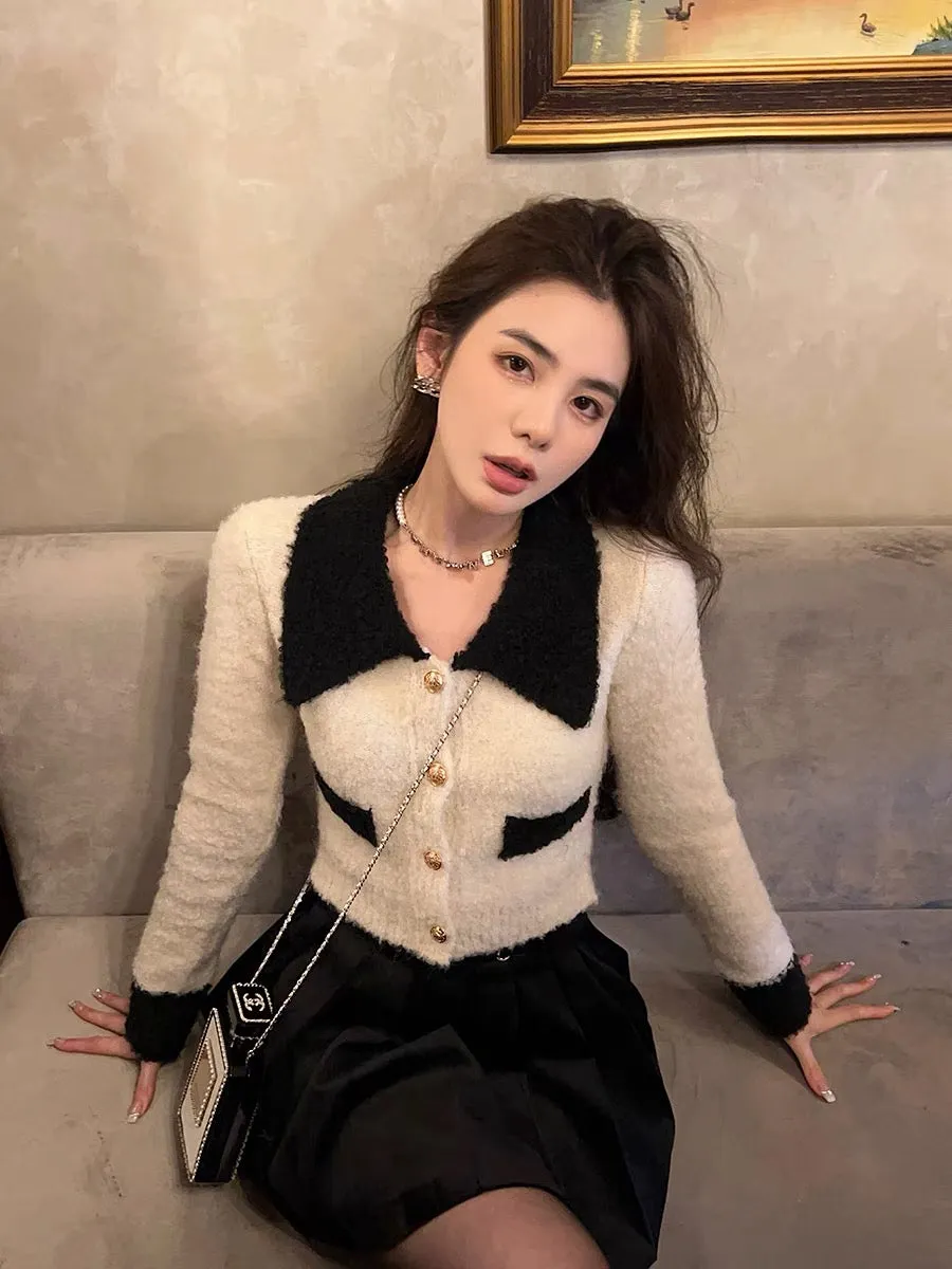 Qiu Rouyao autumn new color-blocked sweater long-sleeved pullover short slim fit thickened knitted cardigan for women (S140)