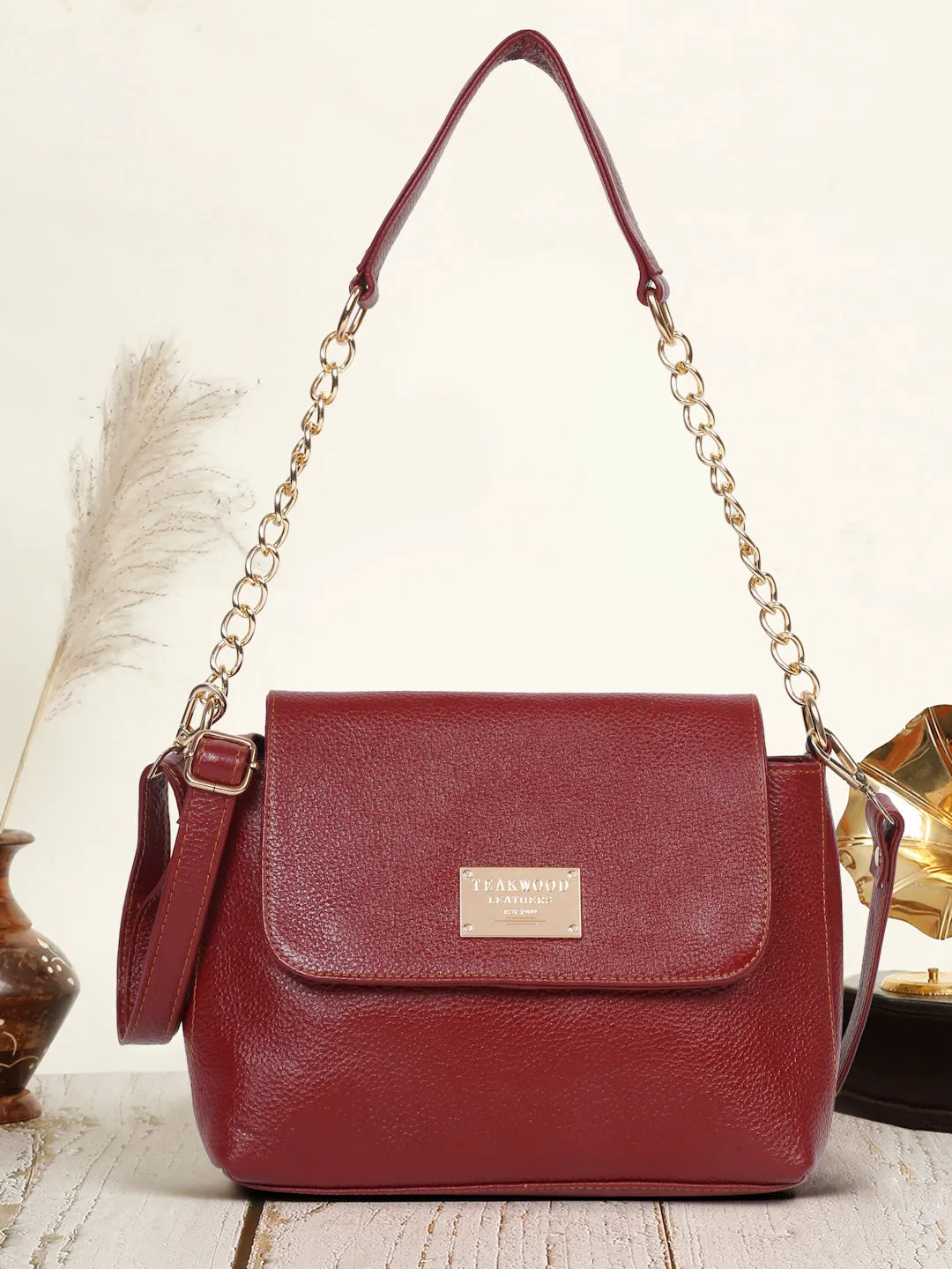 Red Leather Structured Shoulder Bag