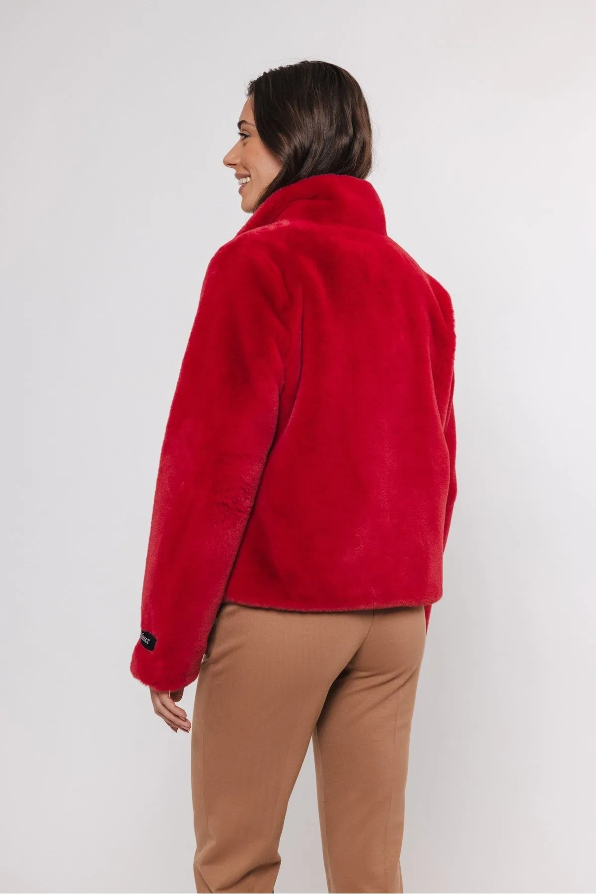 Red Single Breasted Faux Fur Jacket