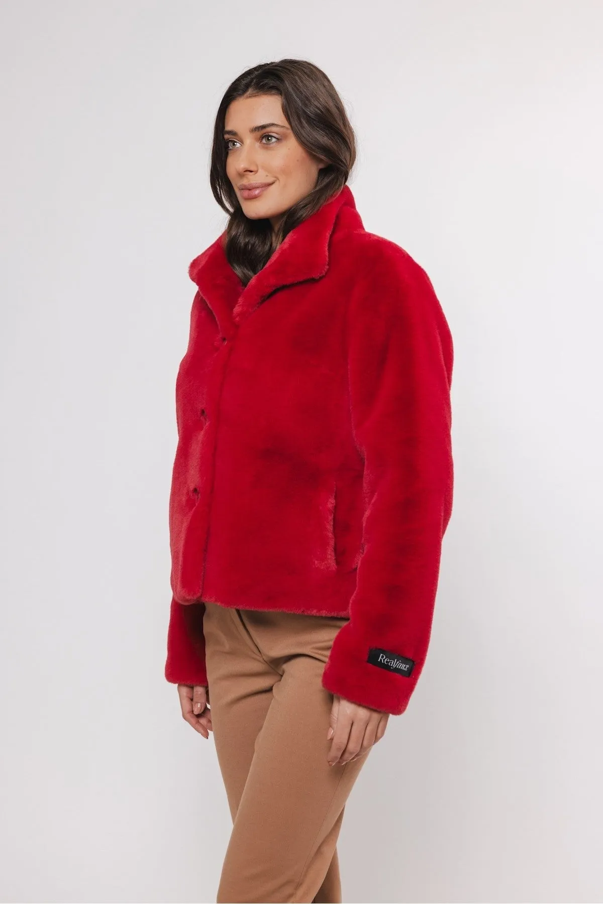 Red Single Breasted Faux Fur Jacket