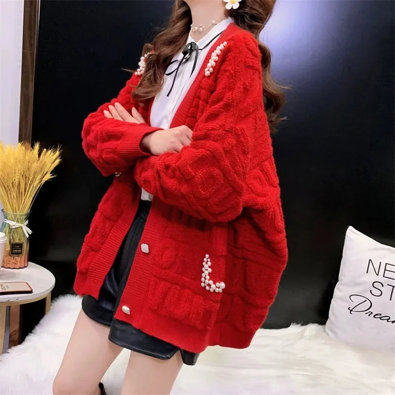Red Sweater Cardigan Women's Mid-Length Autumn and Winter 2023 New Loose Thick Versatile Lazy Style Knitted Jacket