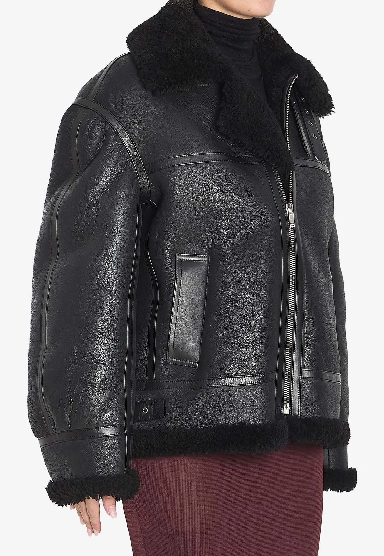 Shearling-Trimmed Zip-Up Leather Jacket