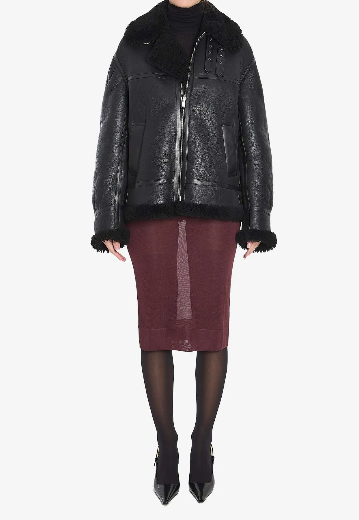 Shearling-Trimmed Zip-Up Leather Jacket