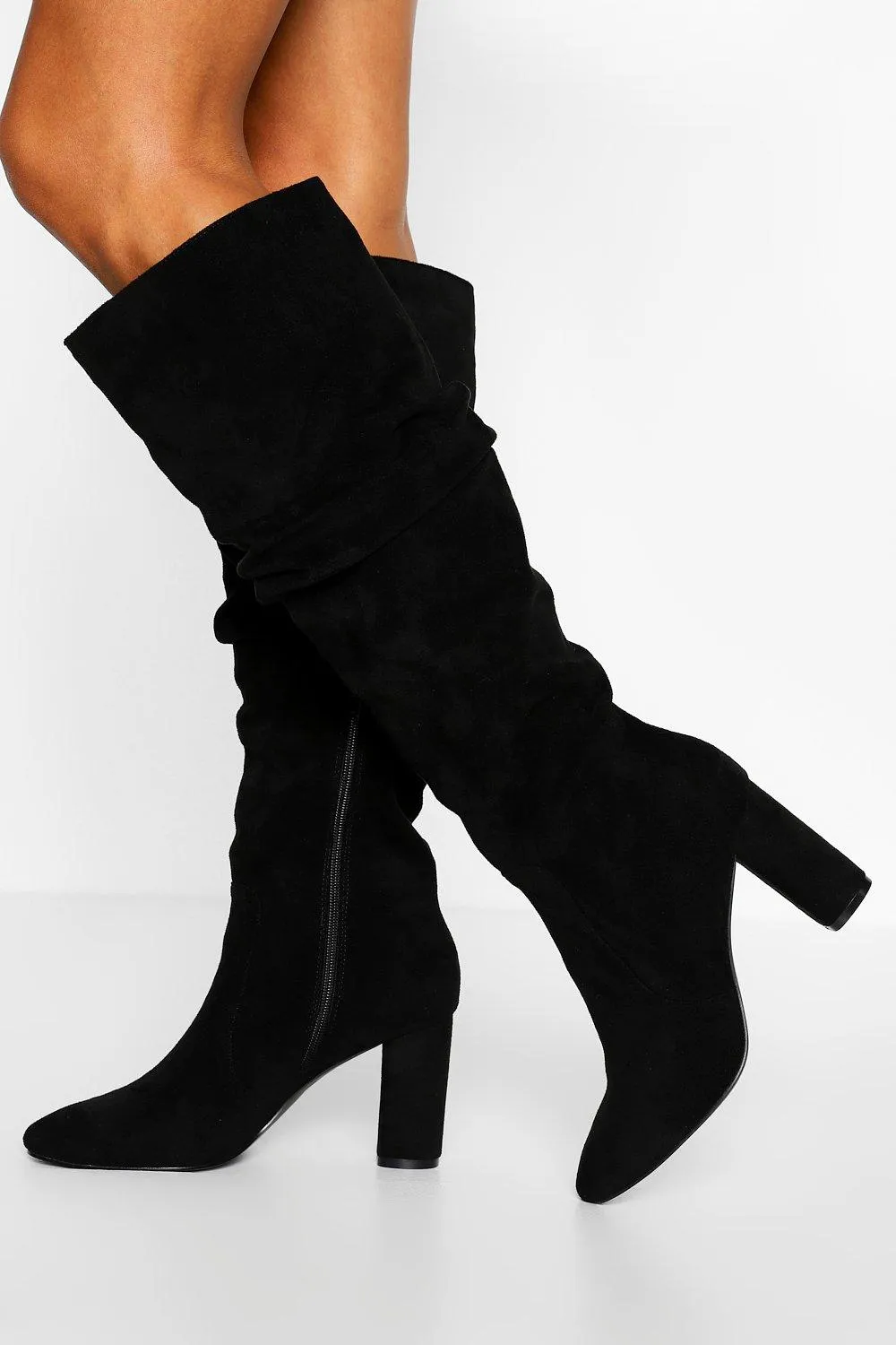 Slouched Block Heel Knee High Boots