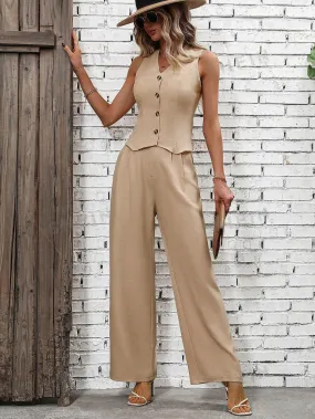 Solid Button Front Vest Jacket & Wide Leg Trousers