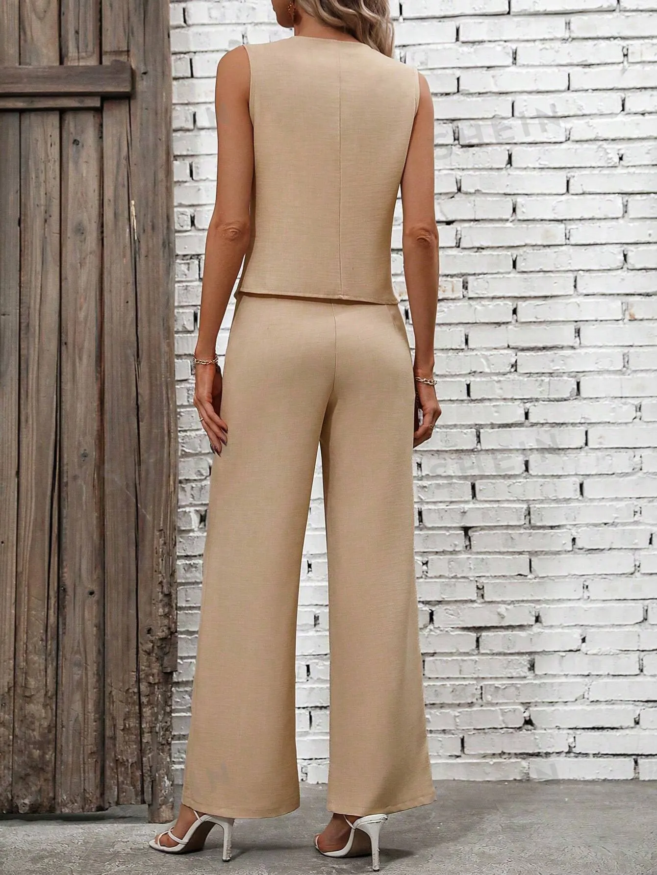 Solid Button Front Vest Jacket & Wide Leg Trousers