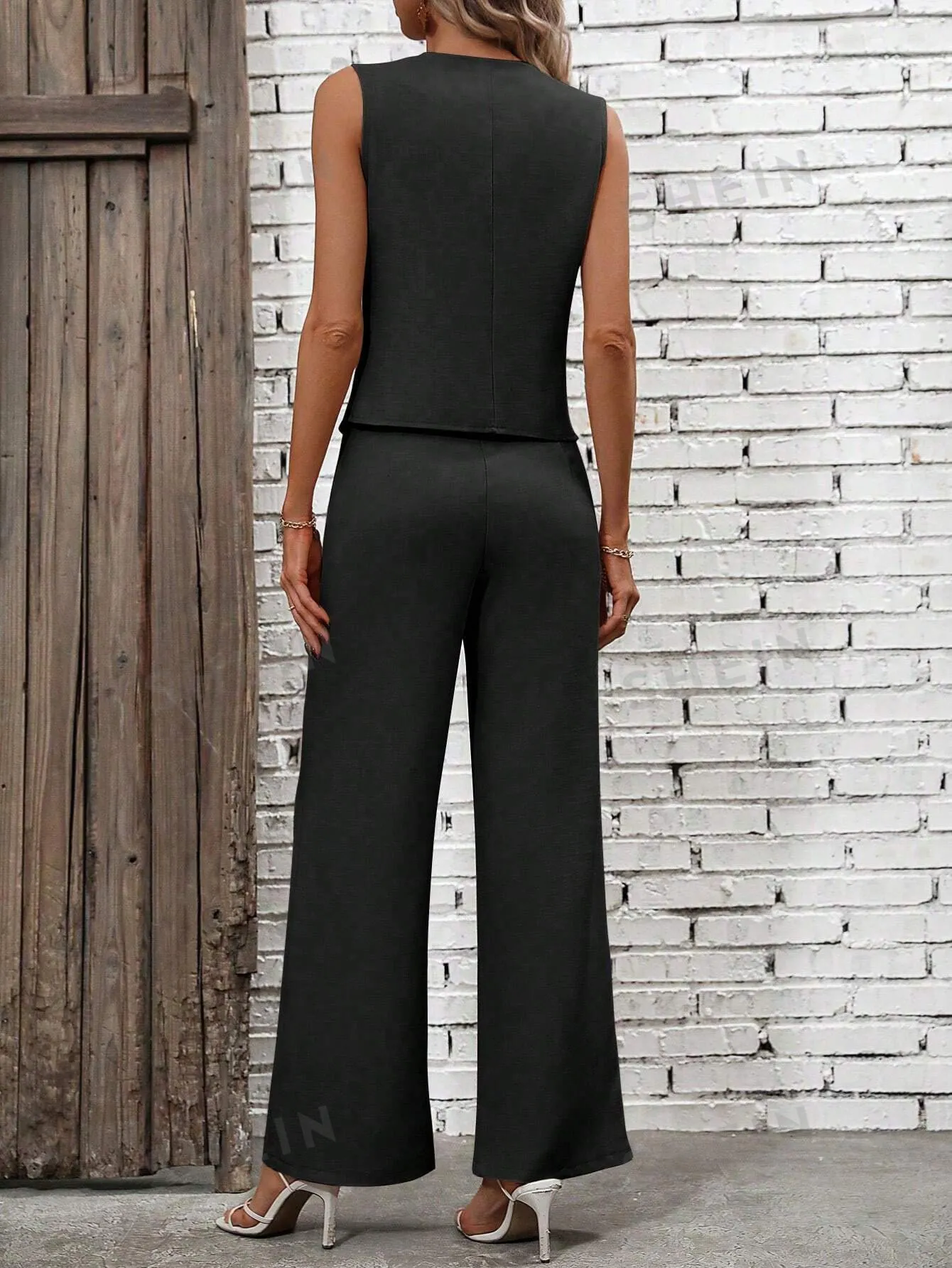 Solid Button Front Vest Jacket & Wide Leg Trousers