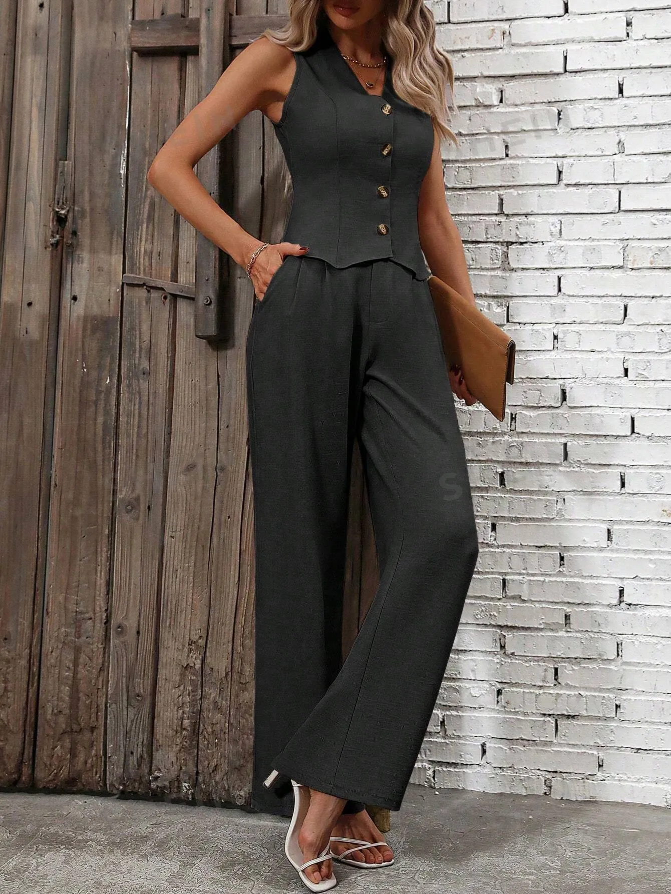 Solid Button Front Vest Jacket & Wide Leg Trousers