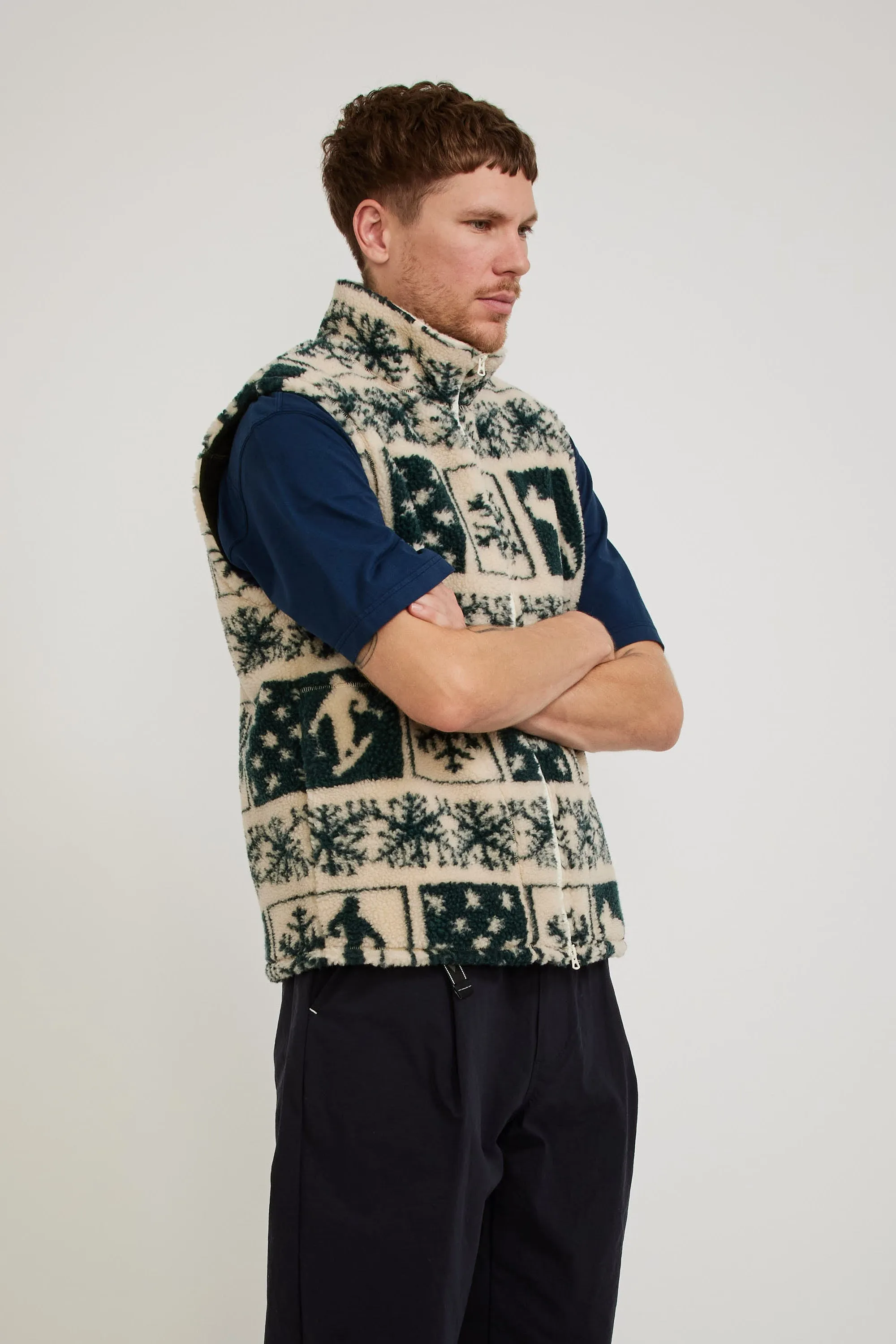 Stand Collar Zip Vest Jacquard Boa Snow/Olive