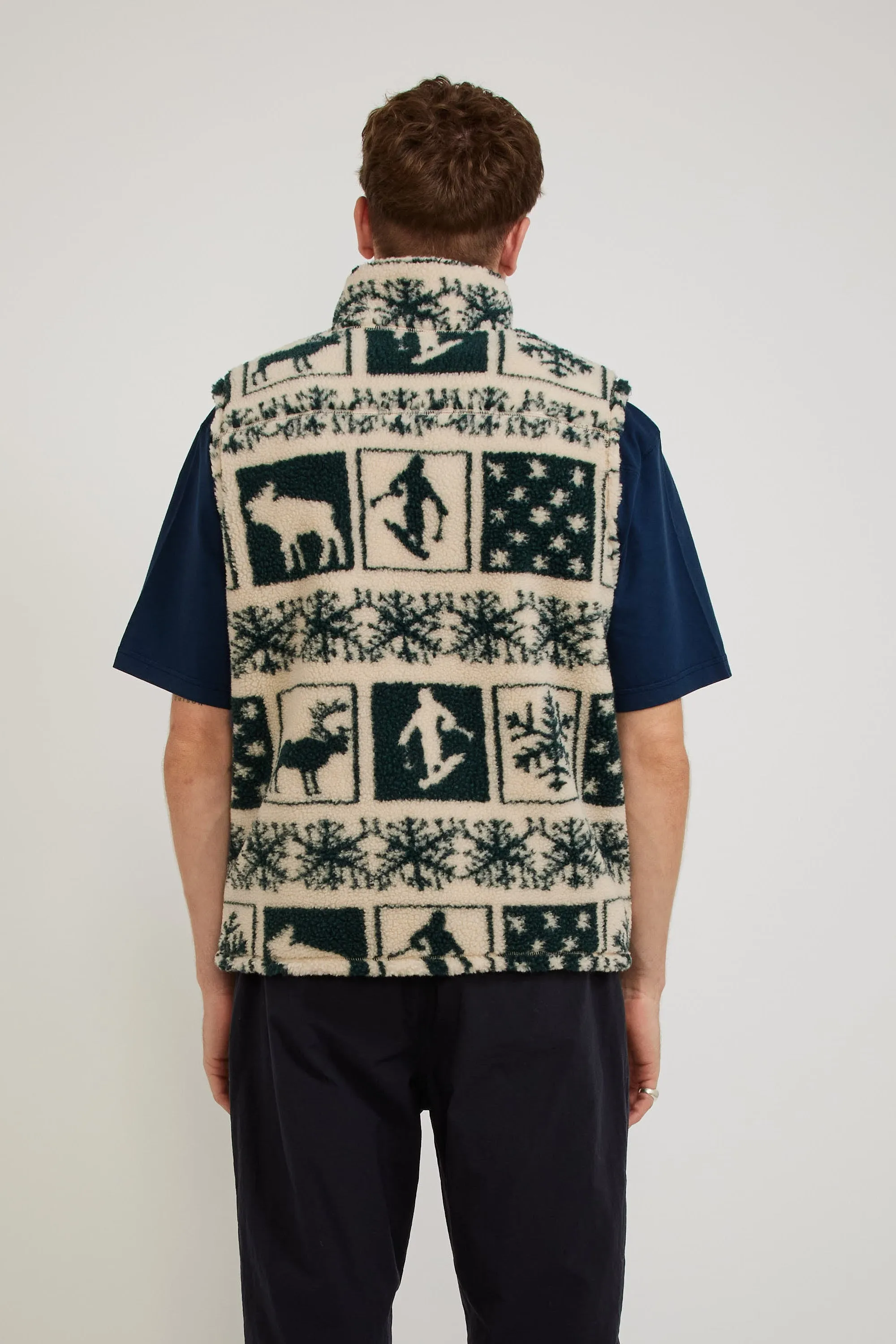 Stand Collar Zip Vest Jacquard Boa Snow/Olive