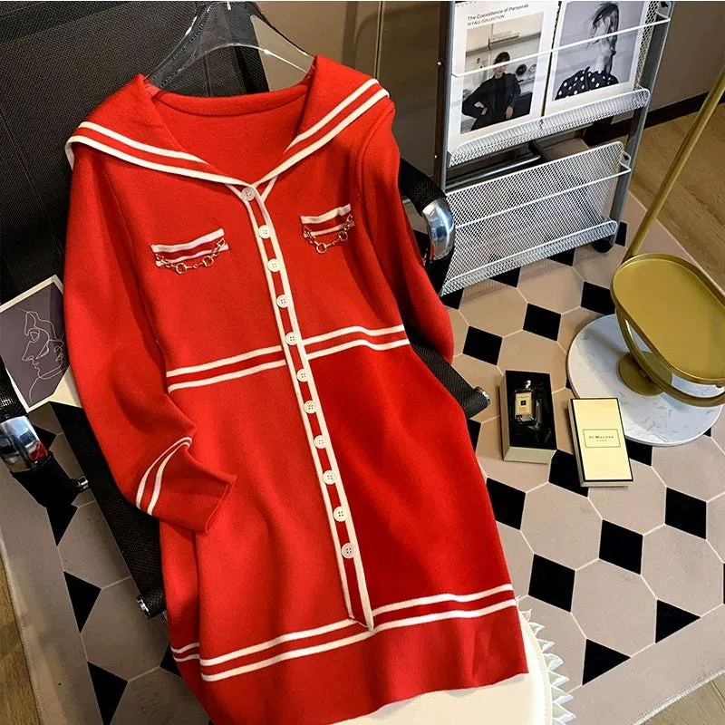 Star's same style chain pocket navy collar long-sleeved sweater dress retro slim mid-length knitted skirt autumn