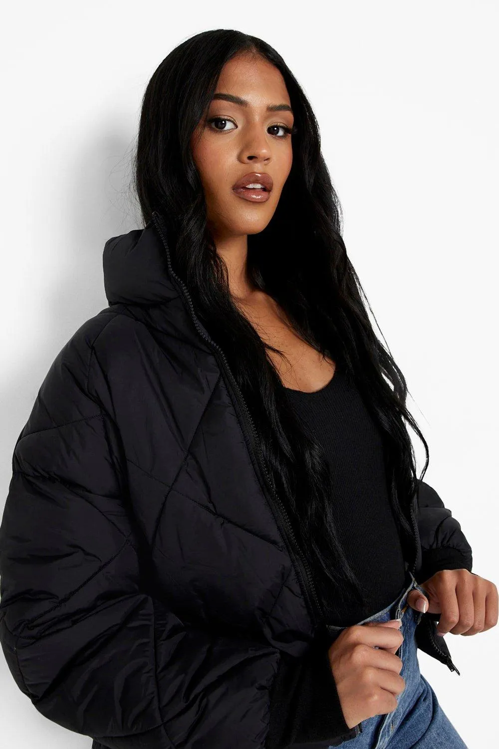 Tall Diamond Quilt Funnel Neck Puffer Jacket