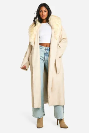 Tall Faux Fur Collar Vintage Look Faux Leather Trench Coat
