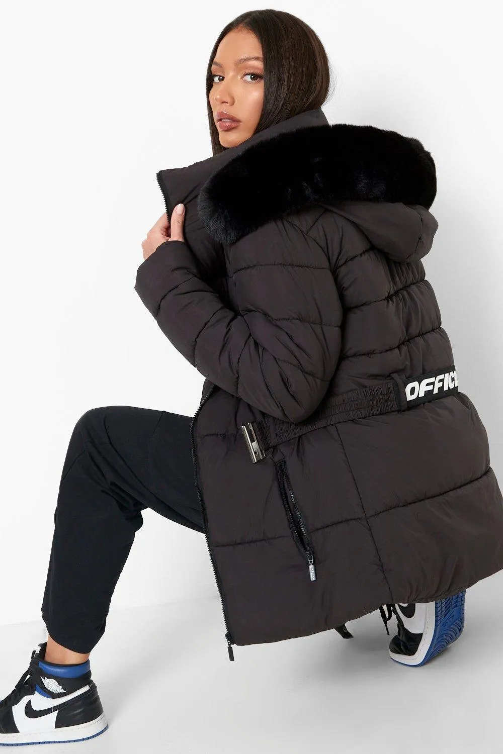 Tall Faux Fur Trim Belted Puffer Jacket