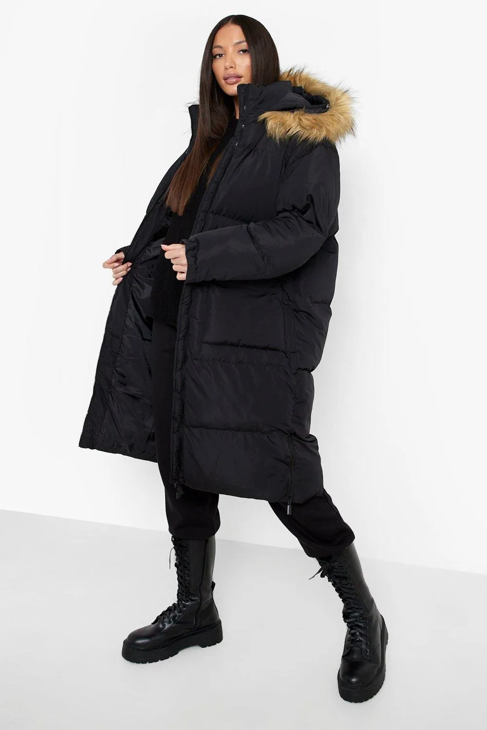 Tall Faux Fur Trim Longline Puffer Jacket