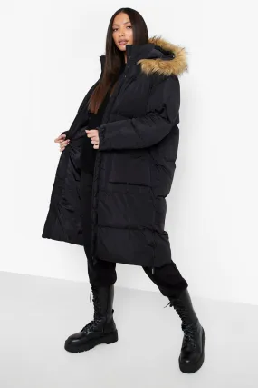 Tall Faux Fur Trim Longline Puffer Jacket