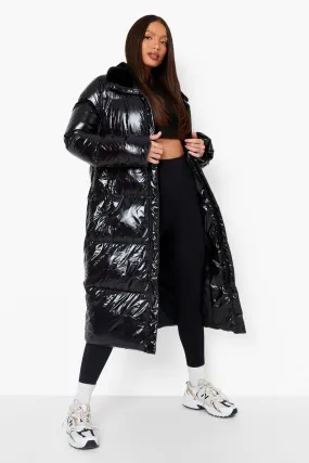 Tall High Shine Faux Fur Trim Puffer Jacket