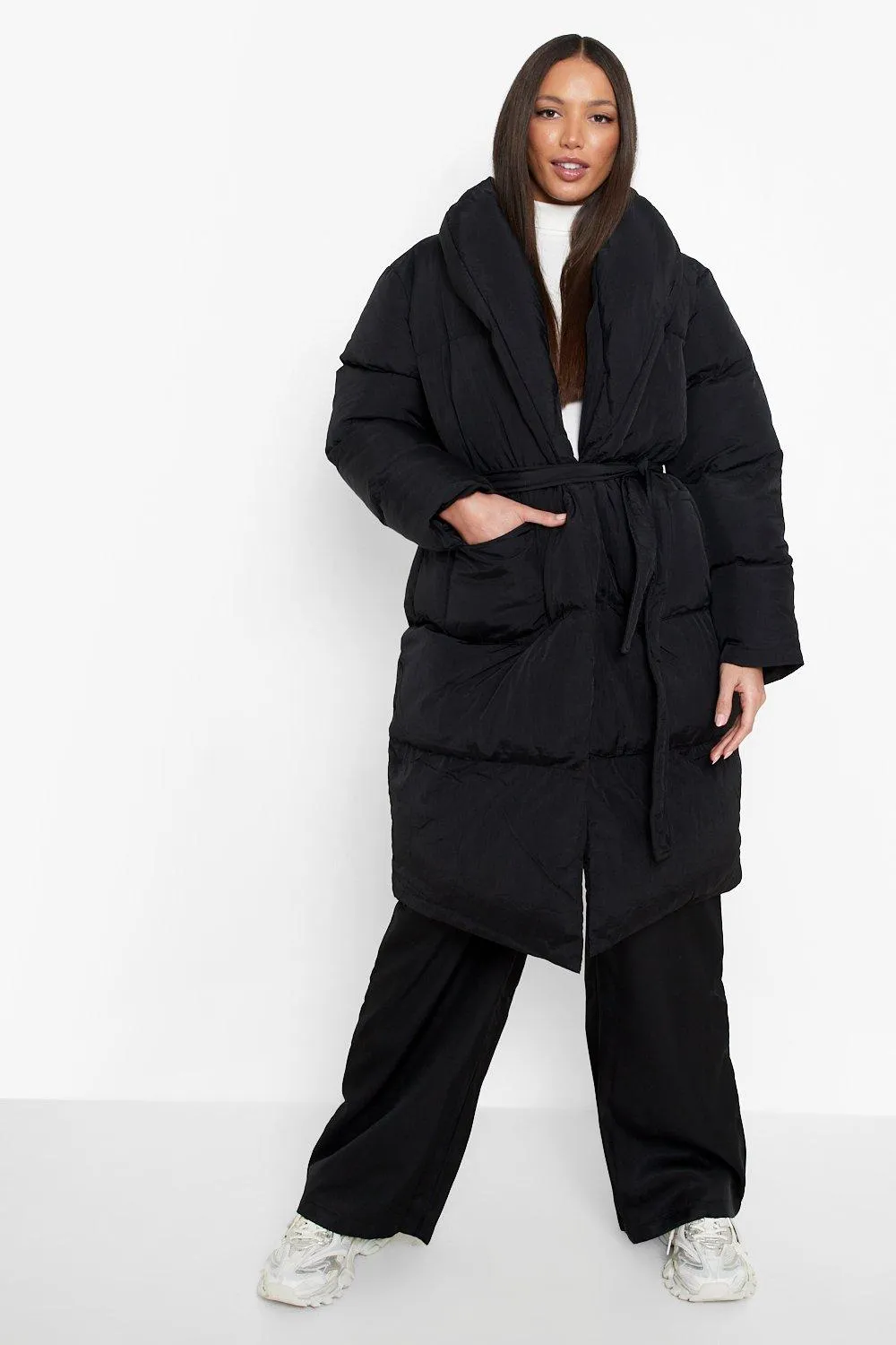 Tall Longline Wrap Belted Puffer Jacket