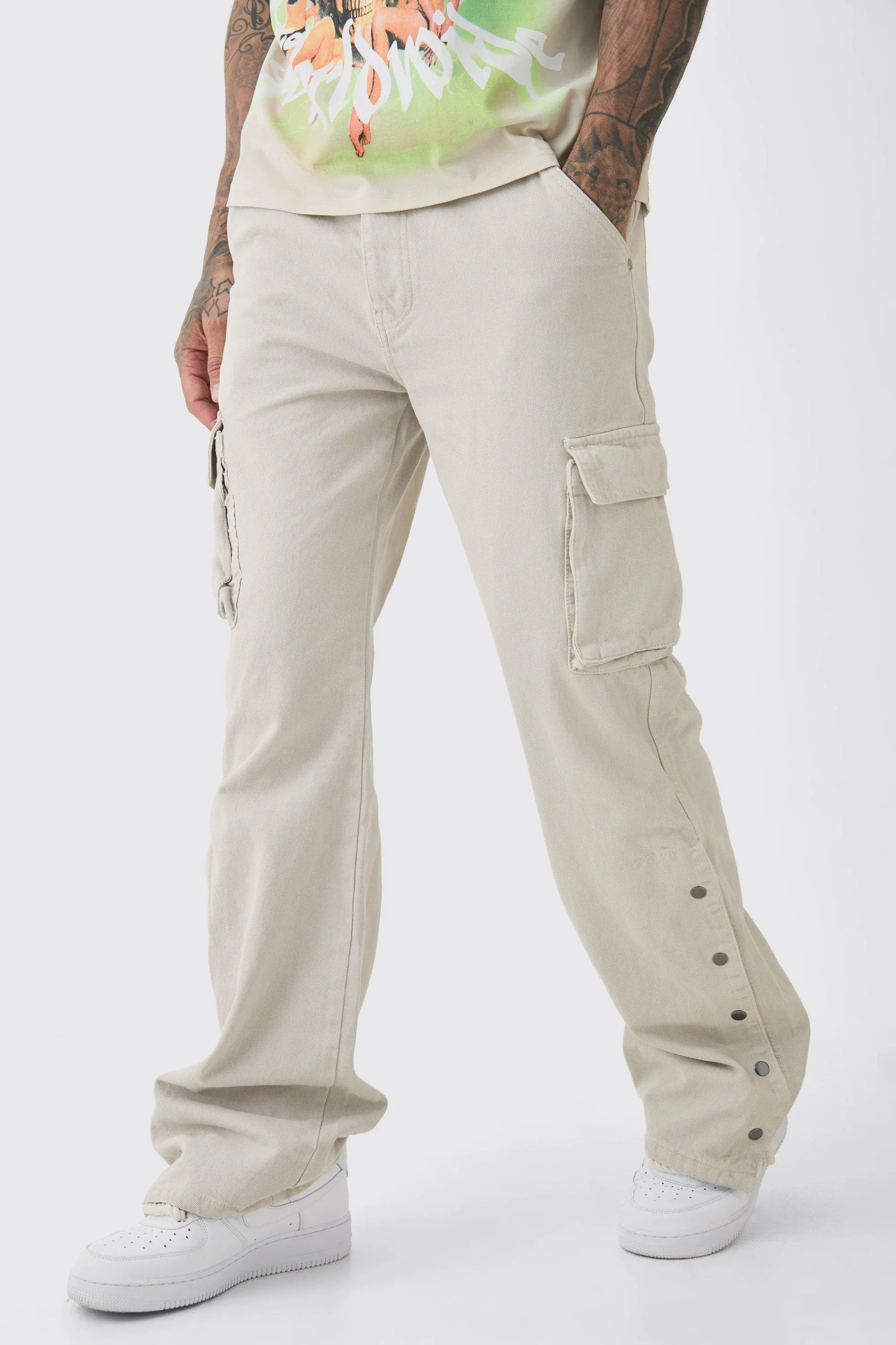 Tall Relaxed Flare Overdye Popper Hem Cargo Pants In Stone