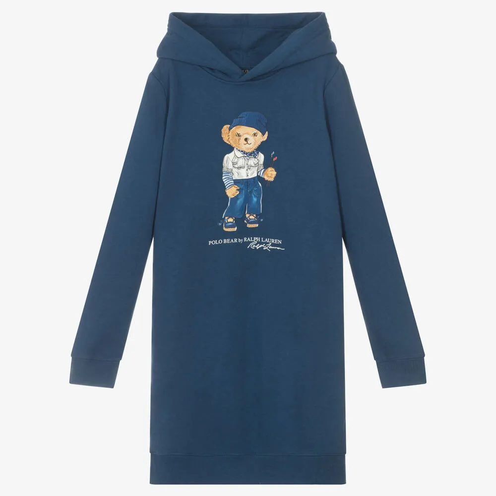 Teen Girls Blue Polo Bear Hoodie Dress
