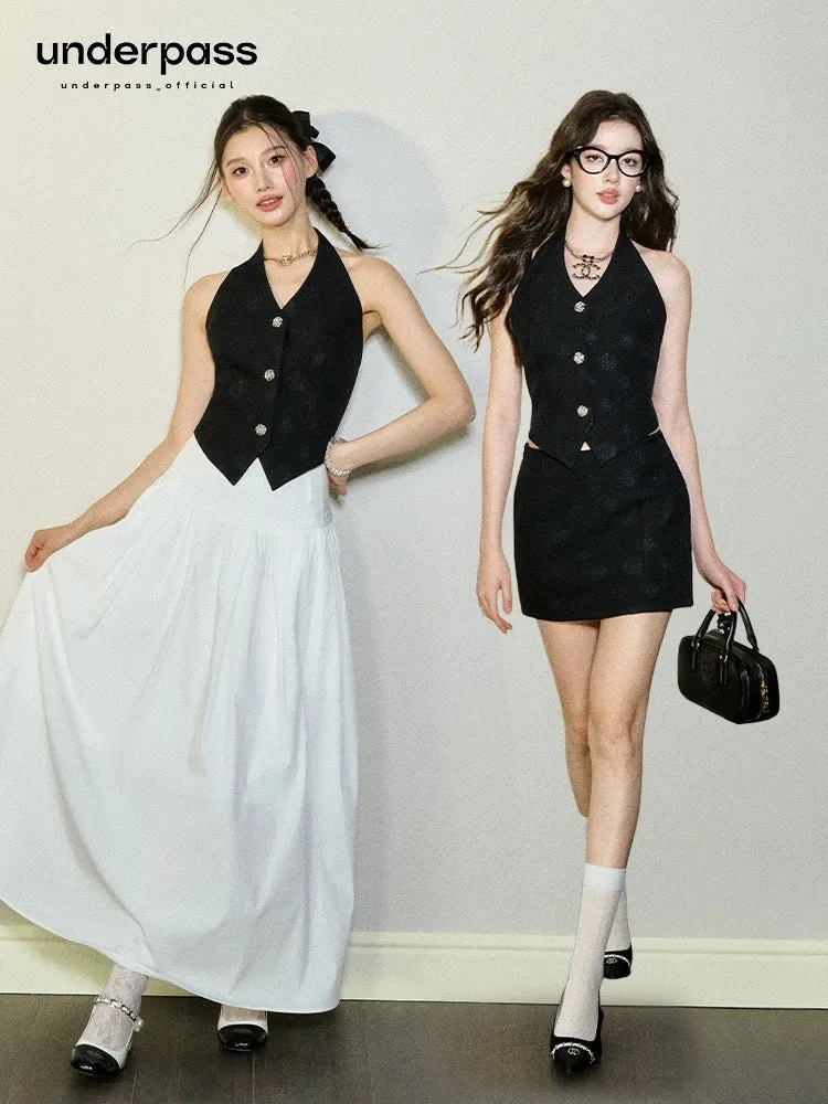 Underpass original retro modern black print slim halter vest short hip skirt suit