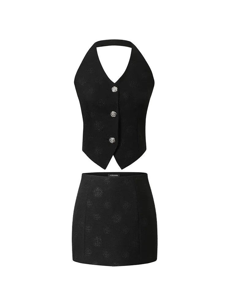 Underpass original retro modern black print slim halter vest short hip skirt suit