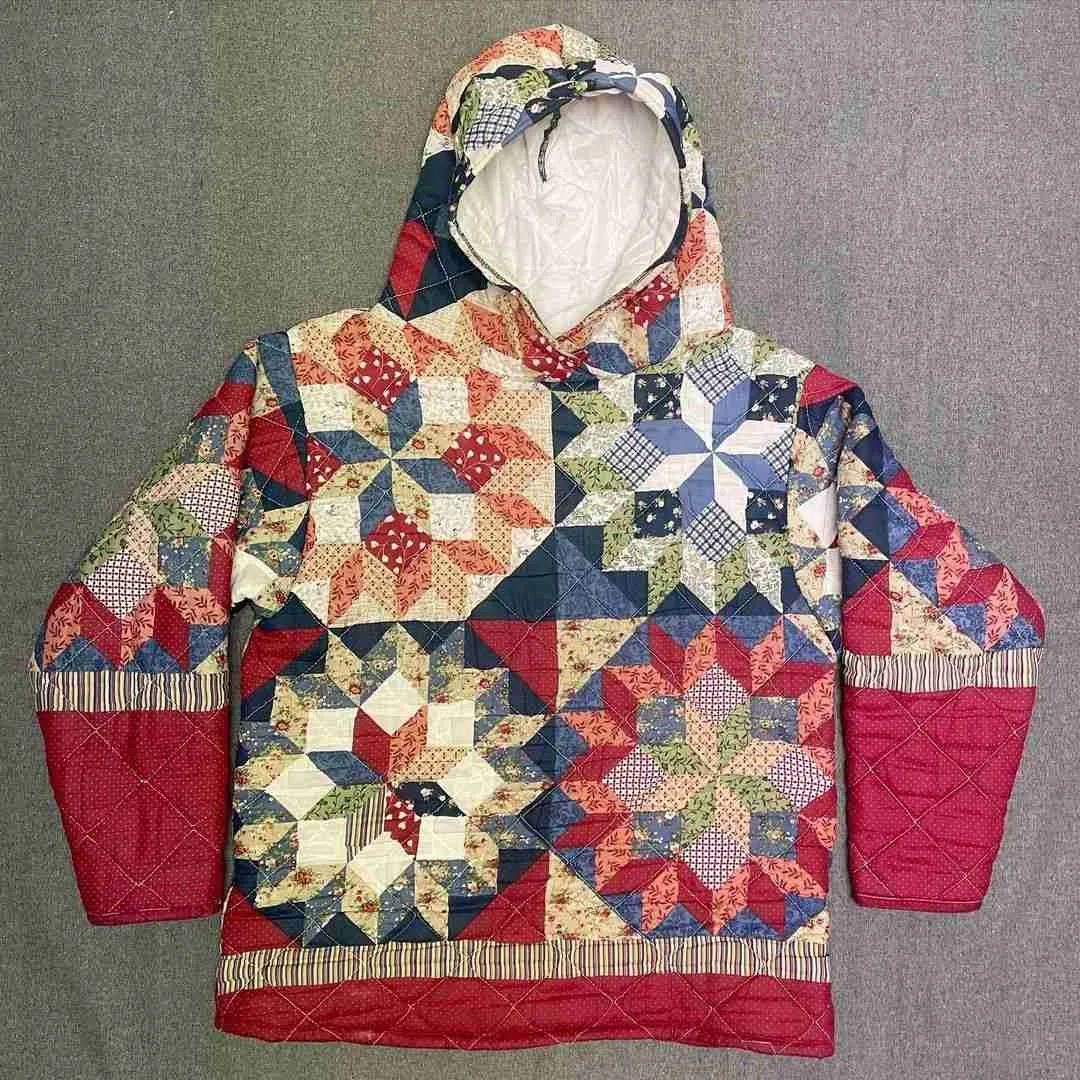 Unique grandma quilt print upcycled hoodie - size medium