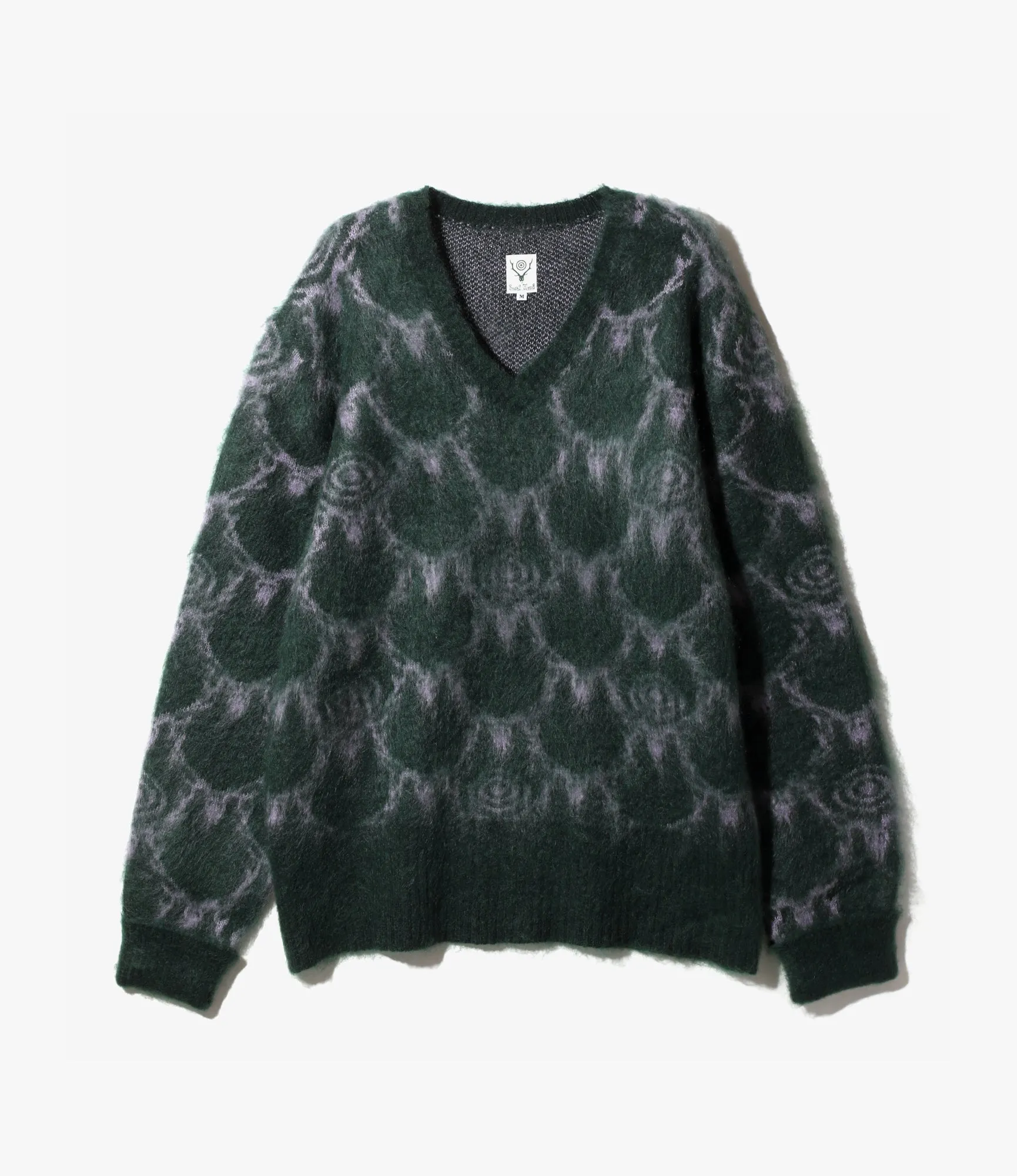 V-Neck Mohair Sweater –Green Skull & Target Pattern