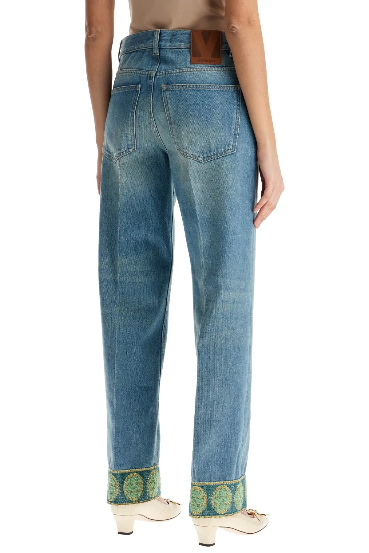 Valentino Garavani Medium Blue Jeans With Green Embroidery, Straight Leg, High Waist