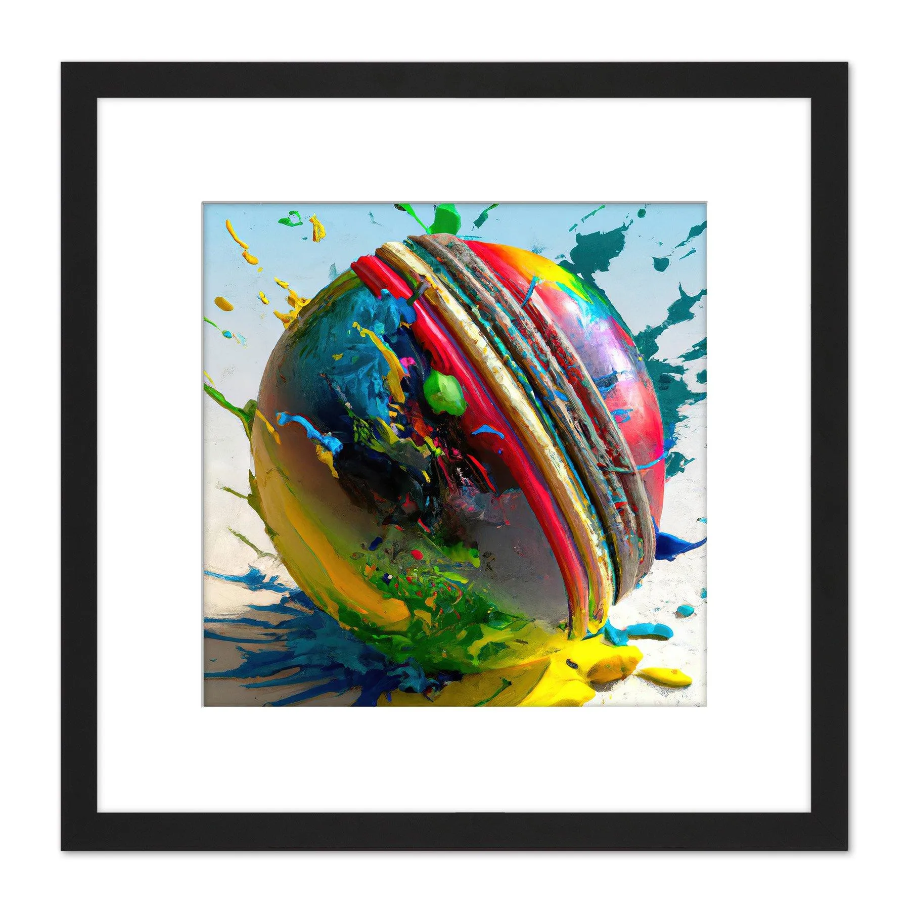 Wall Art & Pictures | Cricket Ball Dynamic Paint Splatter Bright Action Painting Square Wooden Framed Wall Art Print Picture