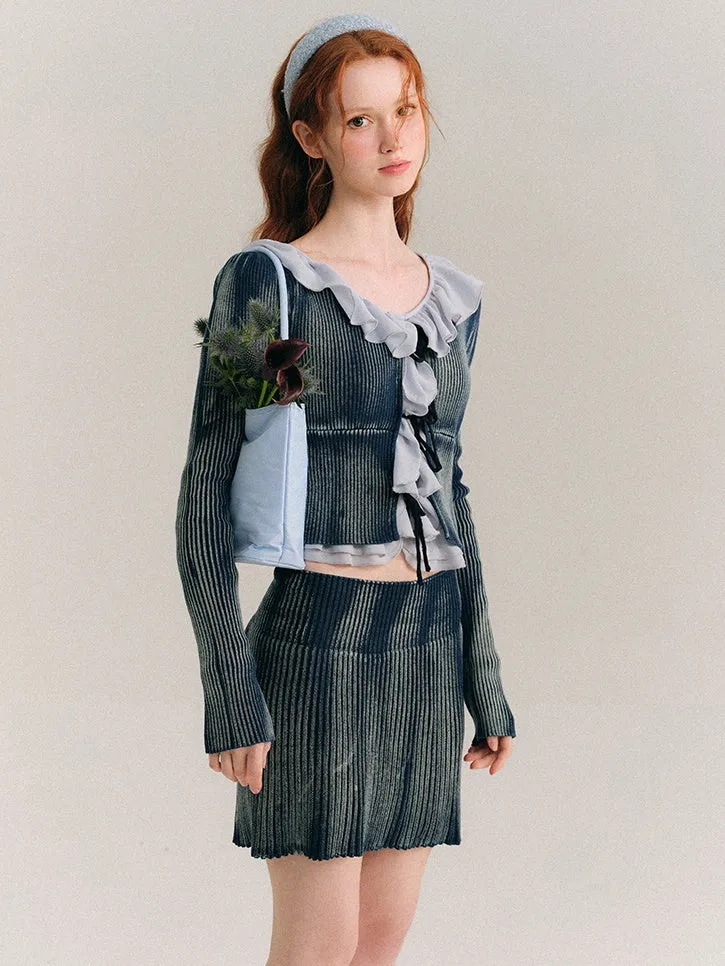 Washed Tie-dye Lace-up Knitted Cardigan & Skirt
