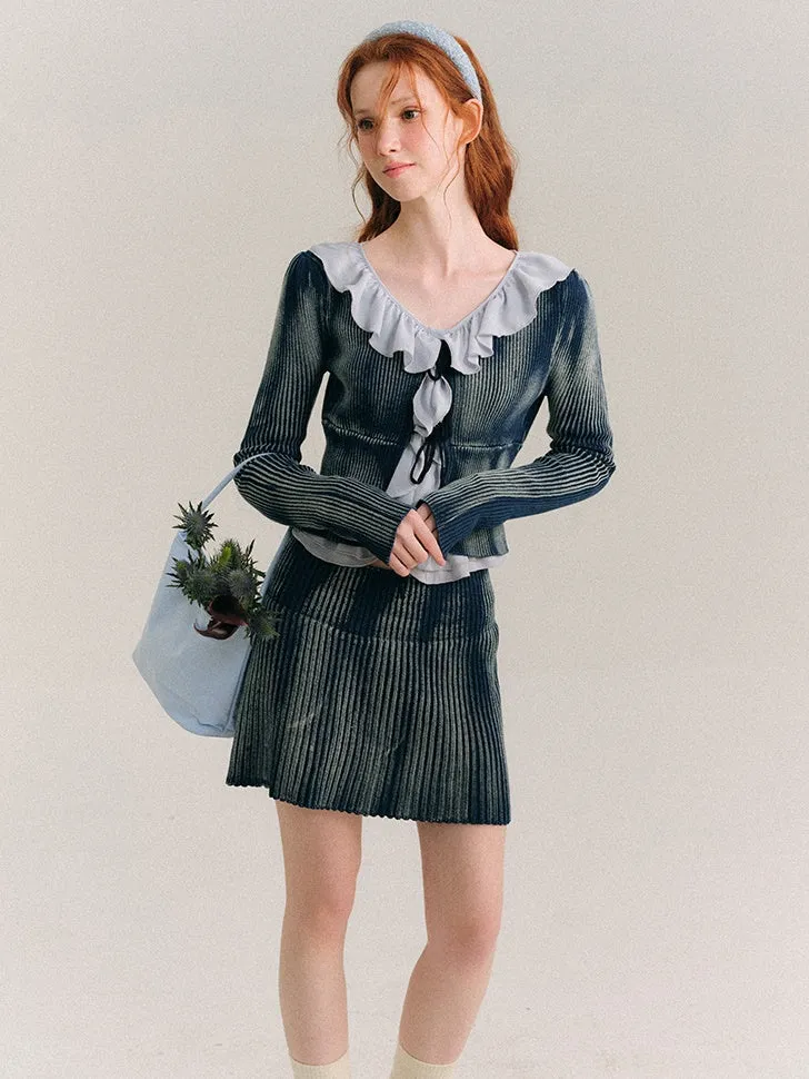 Washed Tie-dye Lace-up Knitted Cardigan & Skirt