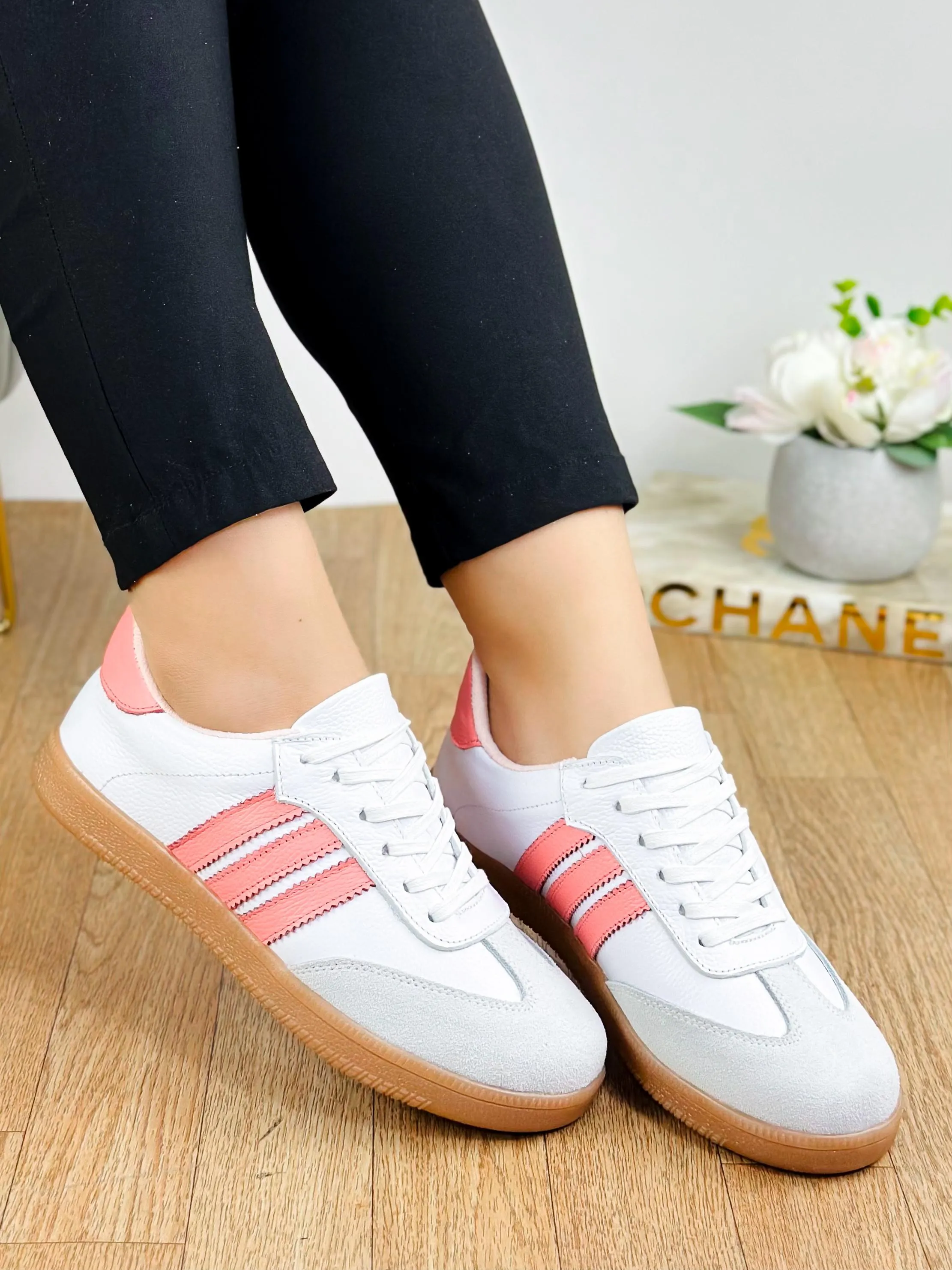 White Sneakers, Pink Striped Design