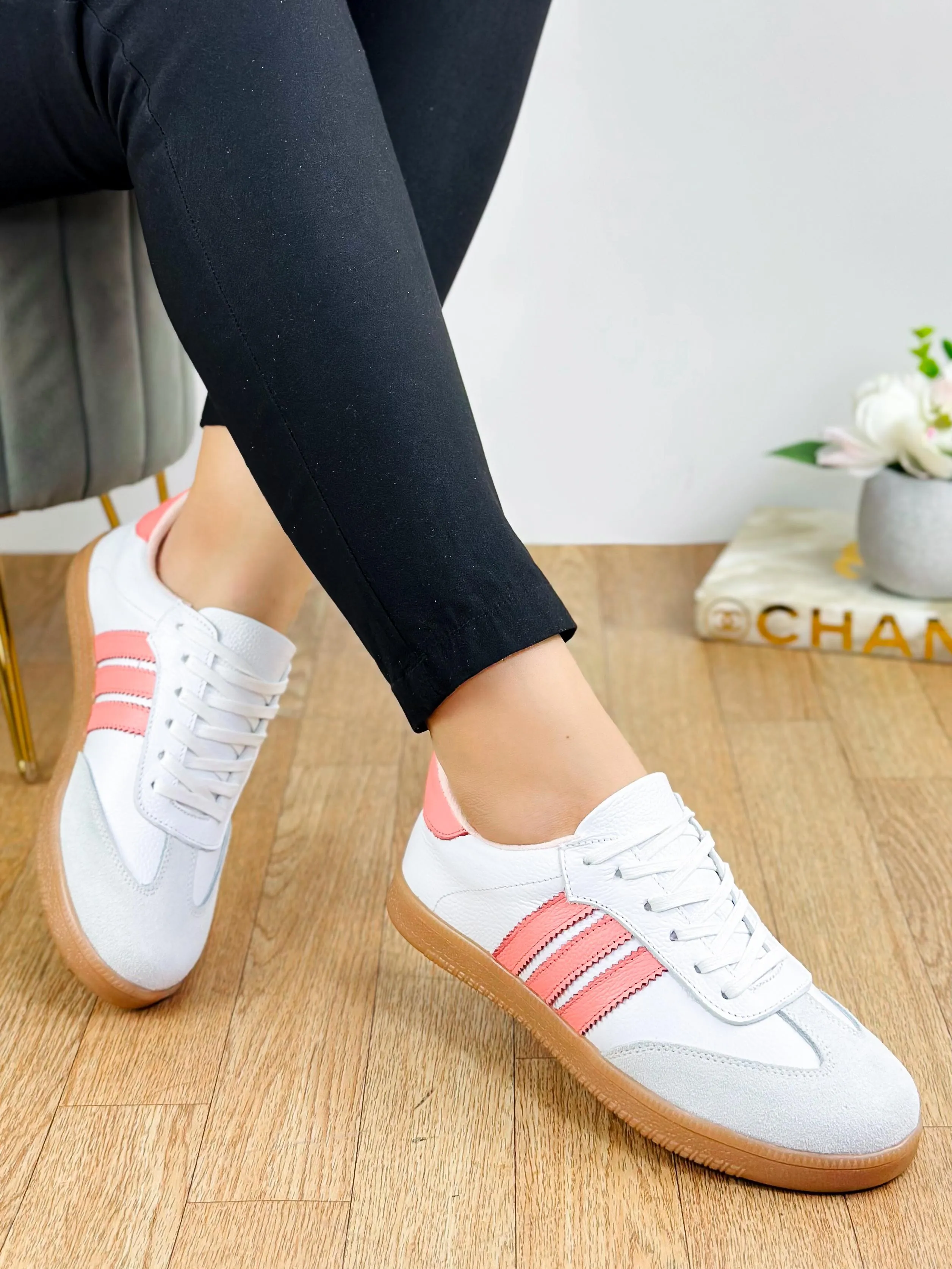 White Sneakers, Pink Striped Design