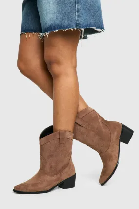 Wide Fit Vintage Look Stitch Detail Ankle Western Boots